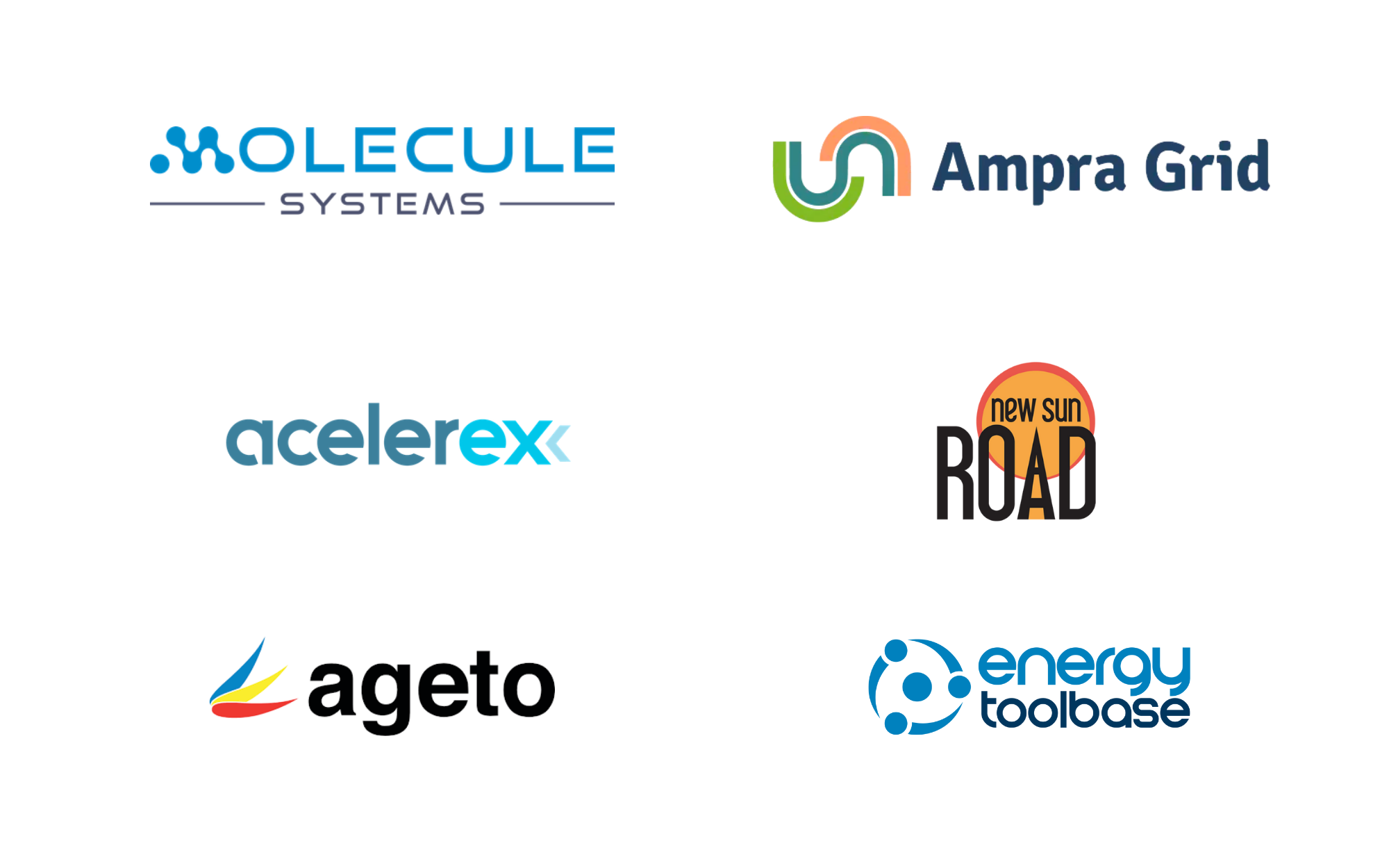 Collection of six technology and energy company logos, including Molecule Systems, Ampra Grid, Acelerex, New Sun Road, Ageto, and Energy Toolbase.
