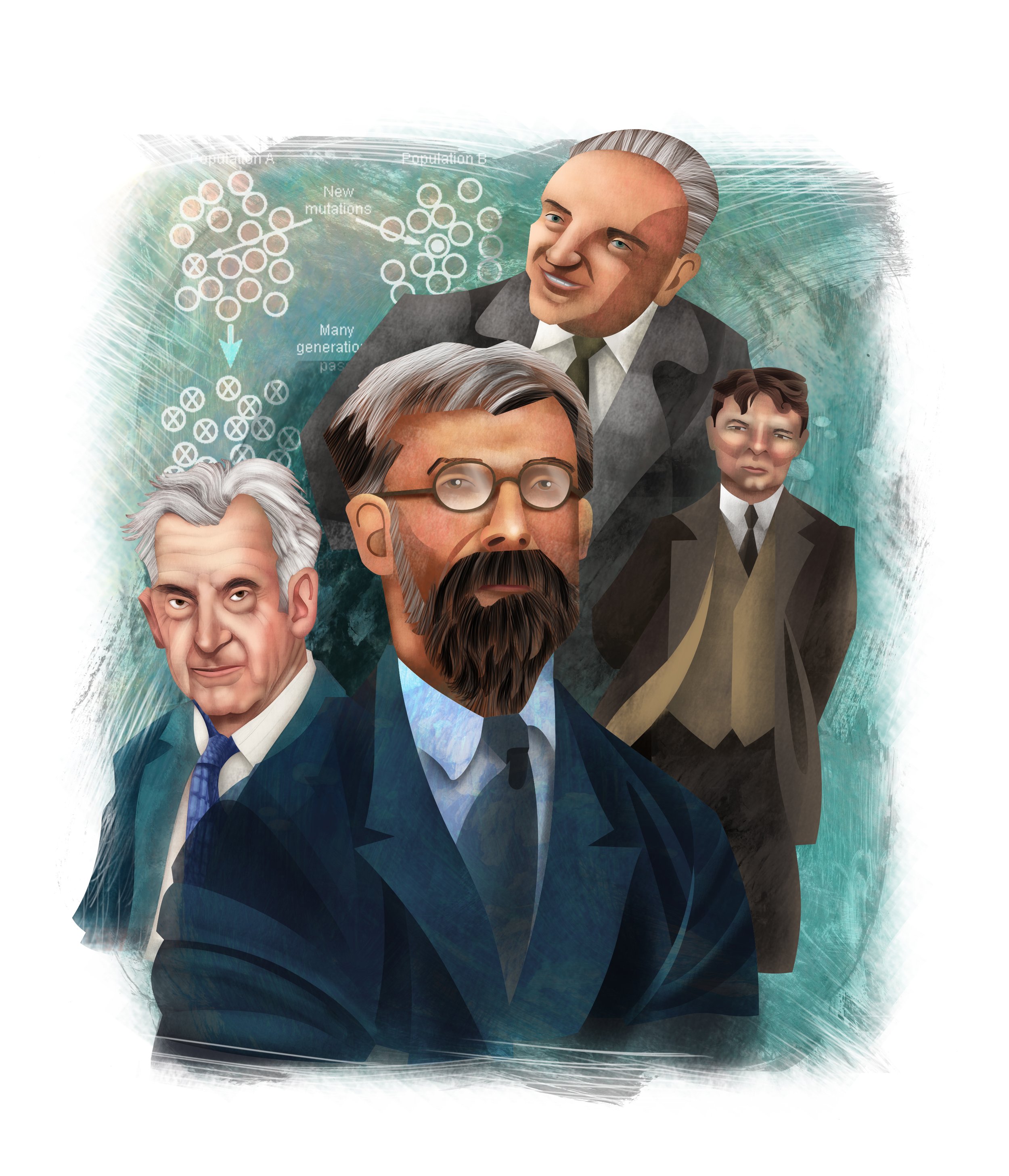 Ronald Fisher, Sewall Wright, Theodosius Dobzhansky and Ernst Mayr
