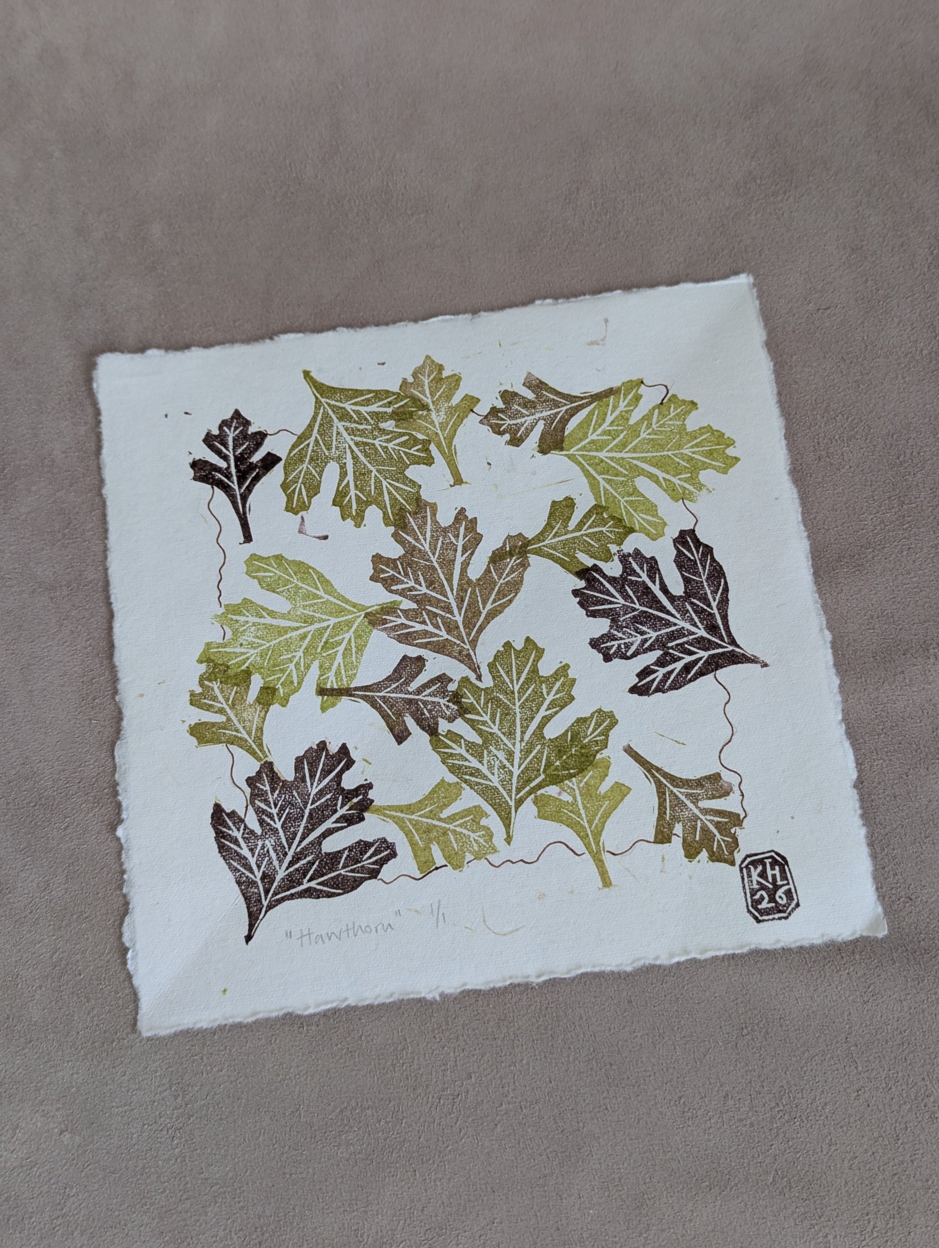 Hawthorn - original lino print - green monoprint