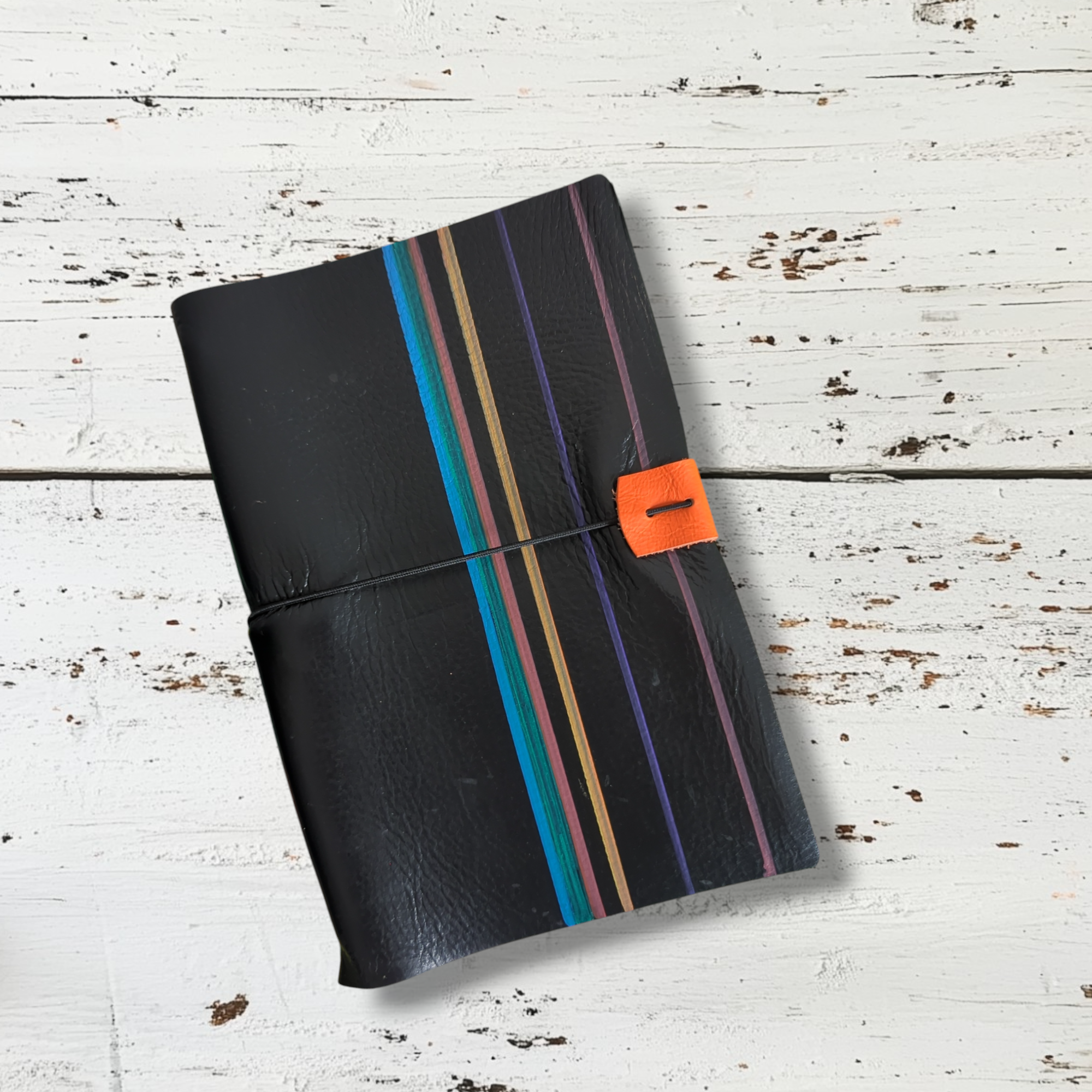 A5 Black Scribology Recycled Leather Refillable Midori Travellers Notebook - bright vertical stripe design