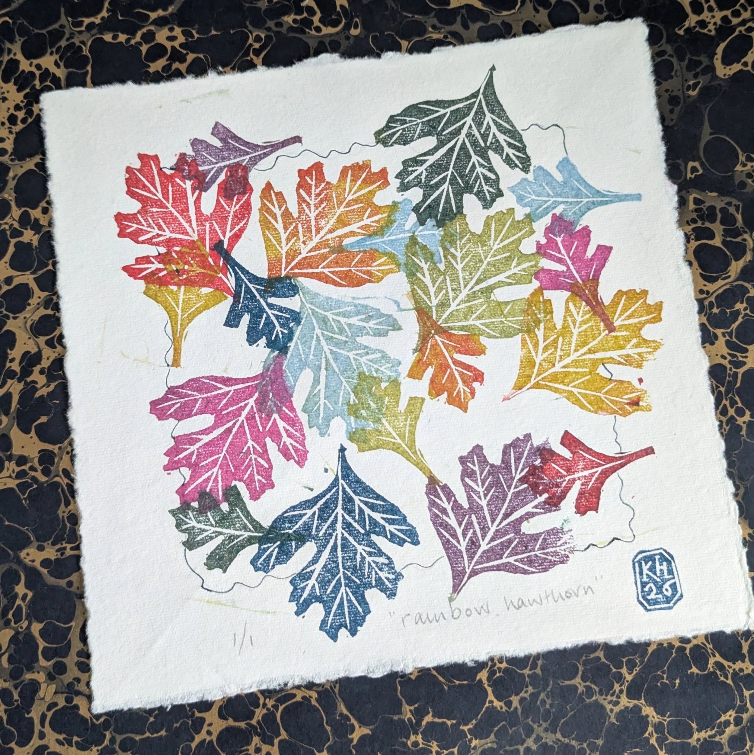 Rainbow hawthorn - original lino print - multicolour monoprint