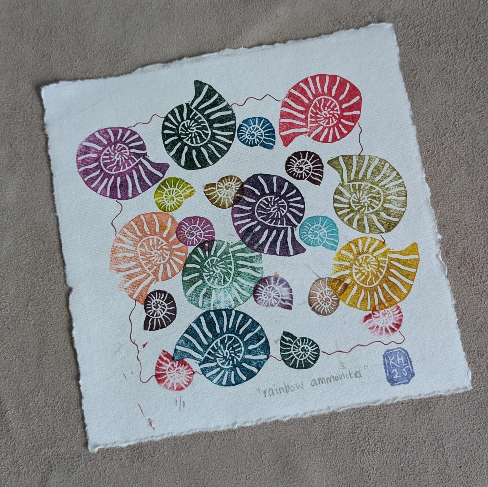 Rainbow Ammonites - original lino print - multicolour monoprint