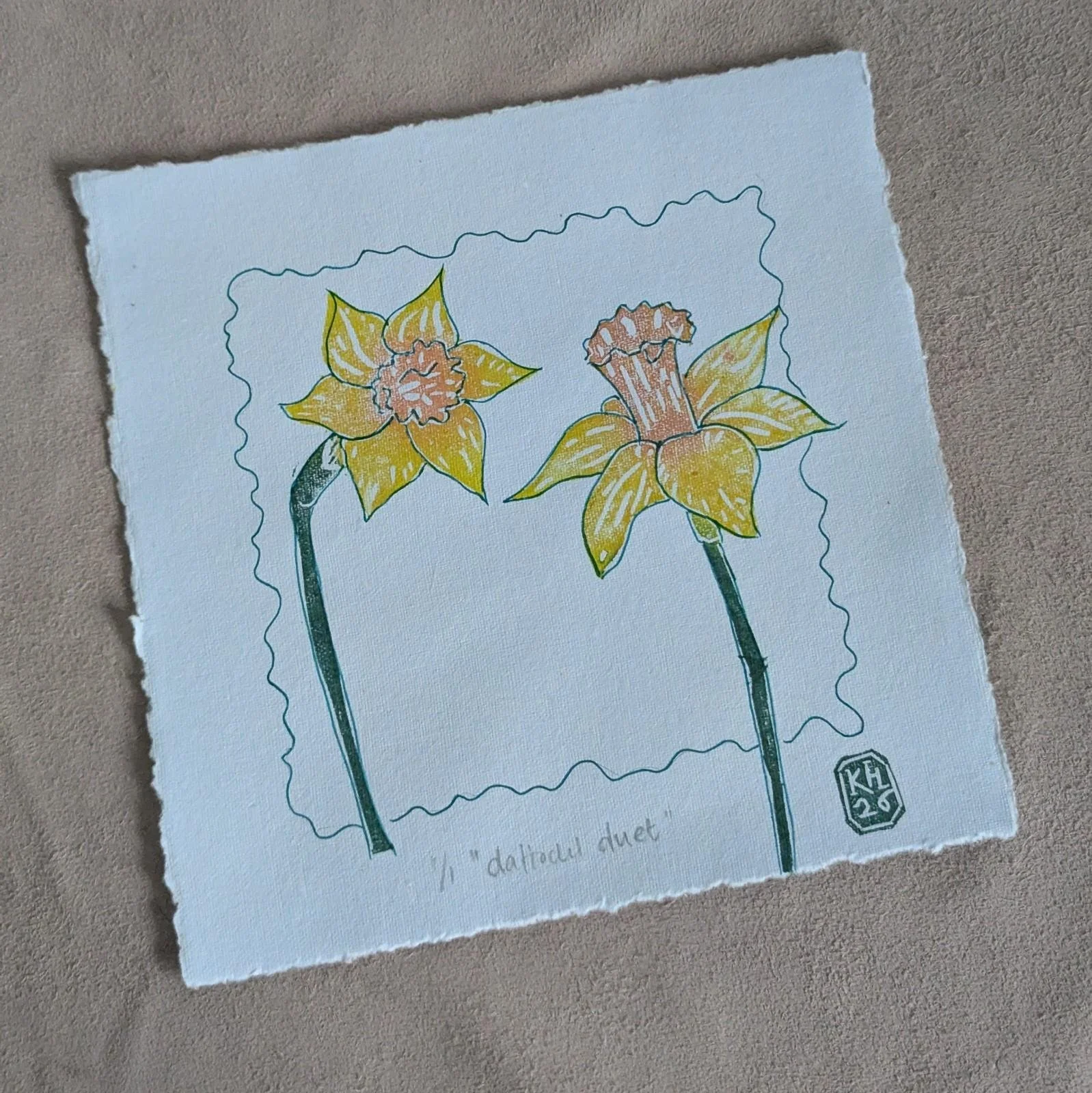 Daffodil Duet - original lino print -  monoprint | springtime