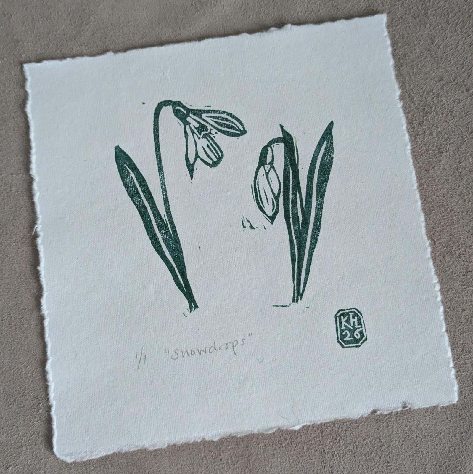 Snowdrops II - original lino print -  monoprint | springtime