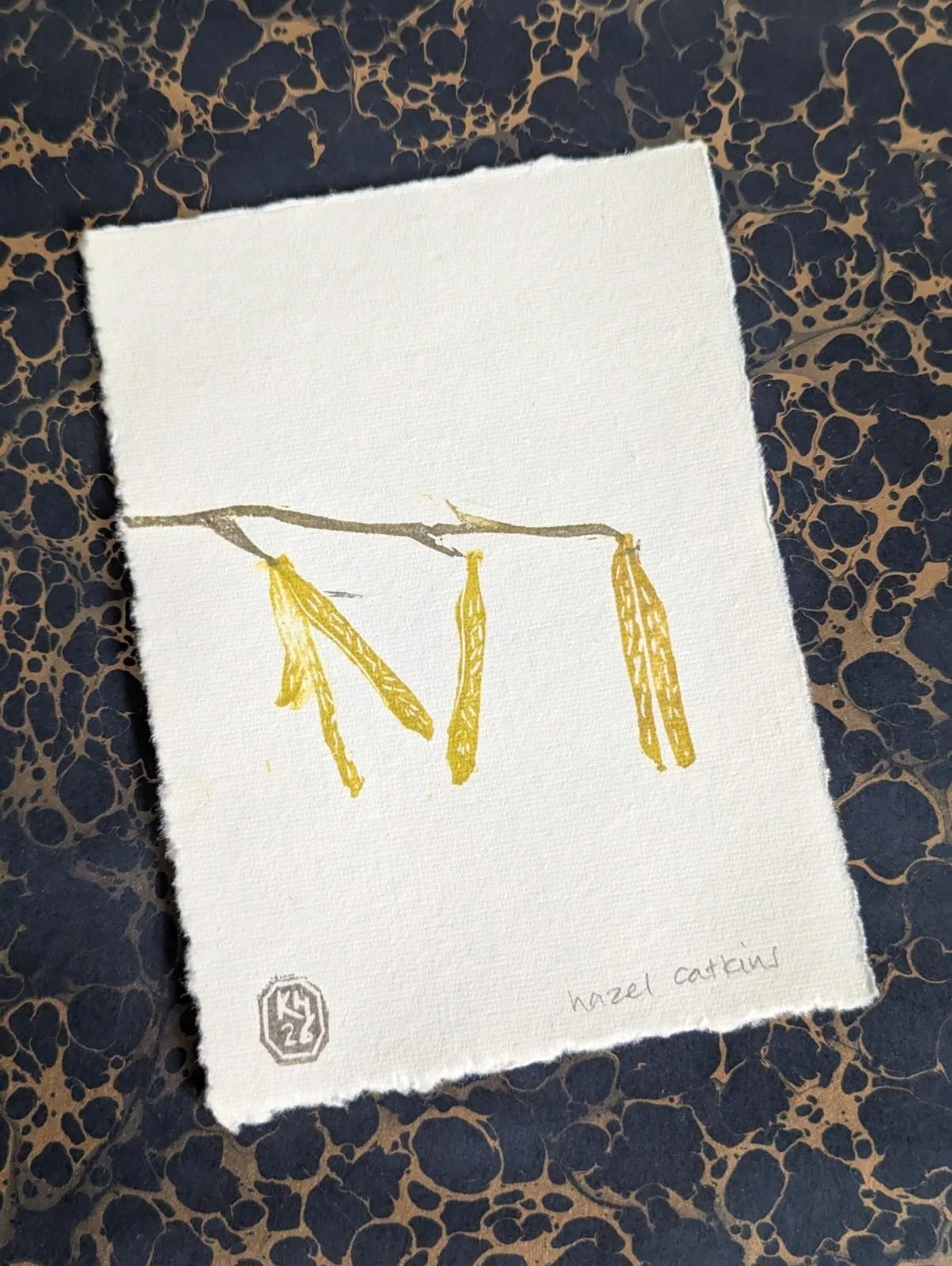 Hazel catkins - original lino print - multicolour monoprint | 5x7 inches