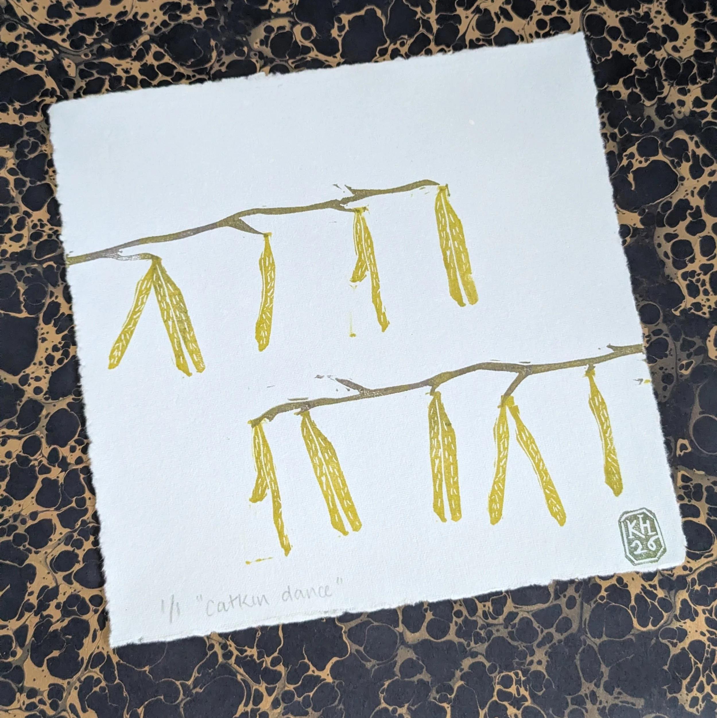 Catkin Dance - original lino print - multicolour monoprint | hazel springtime
