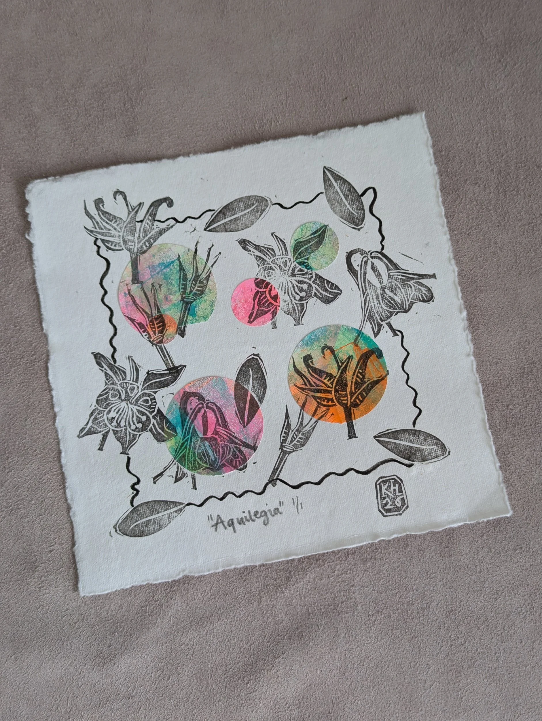 Aquilegia - original monoprint multimedia lino print