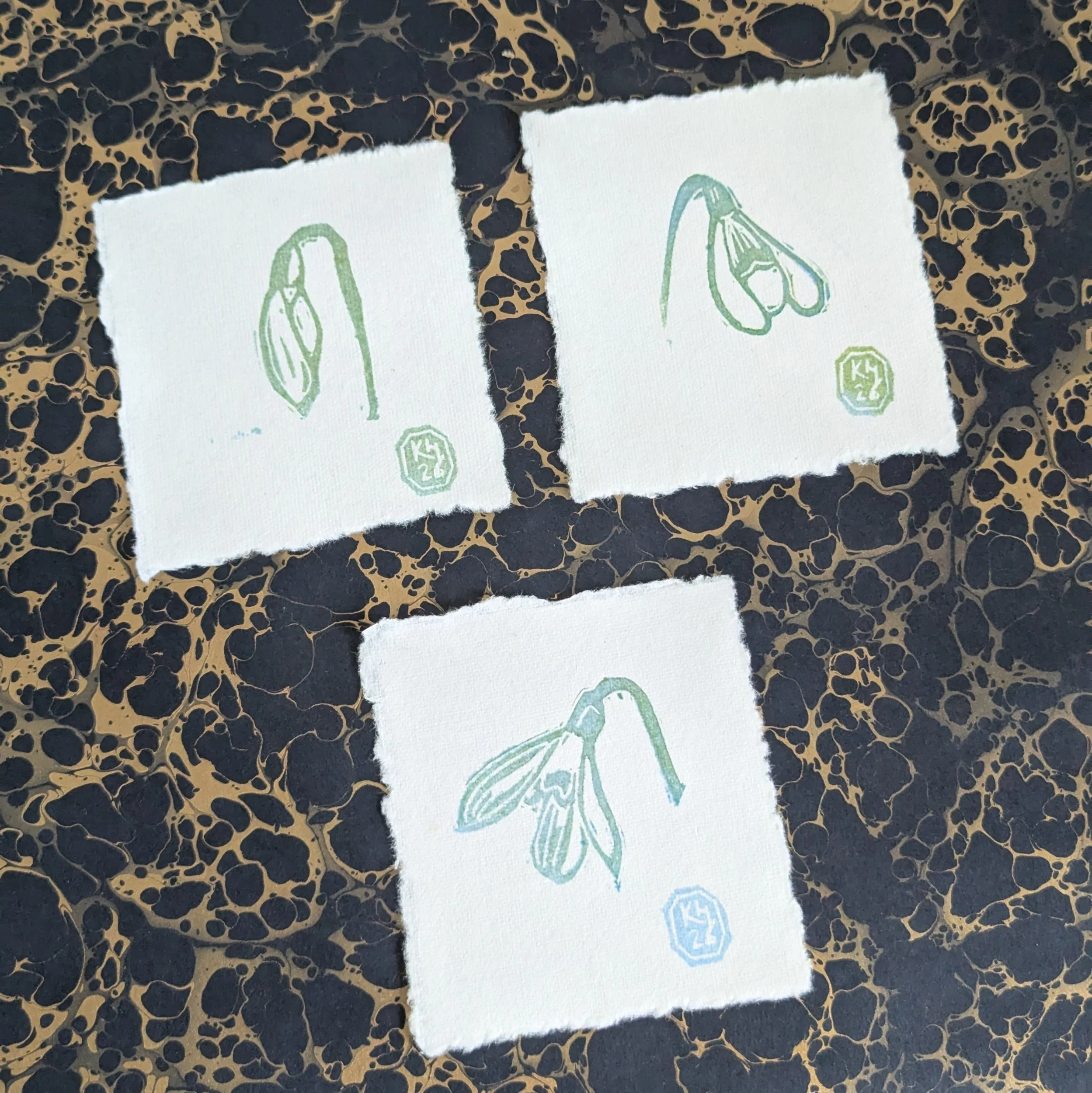 Snowdrop - original monoprint lino print miniprint