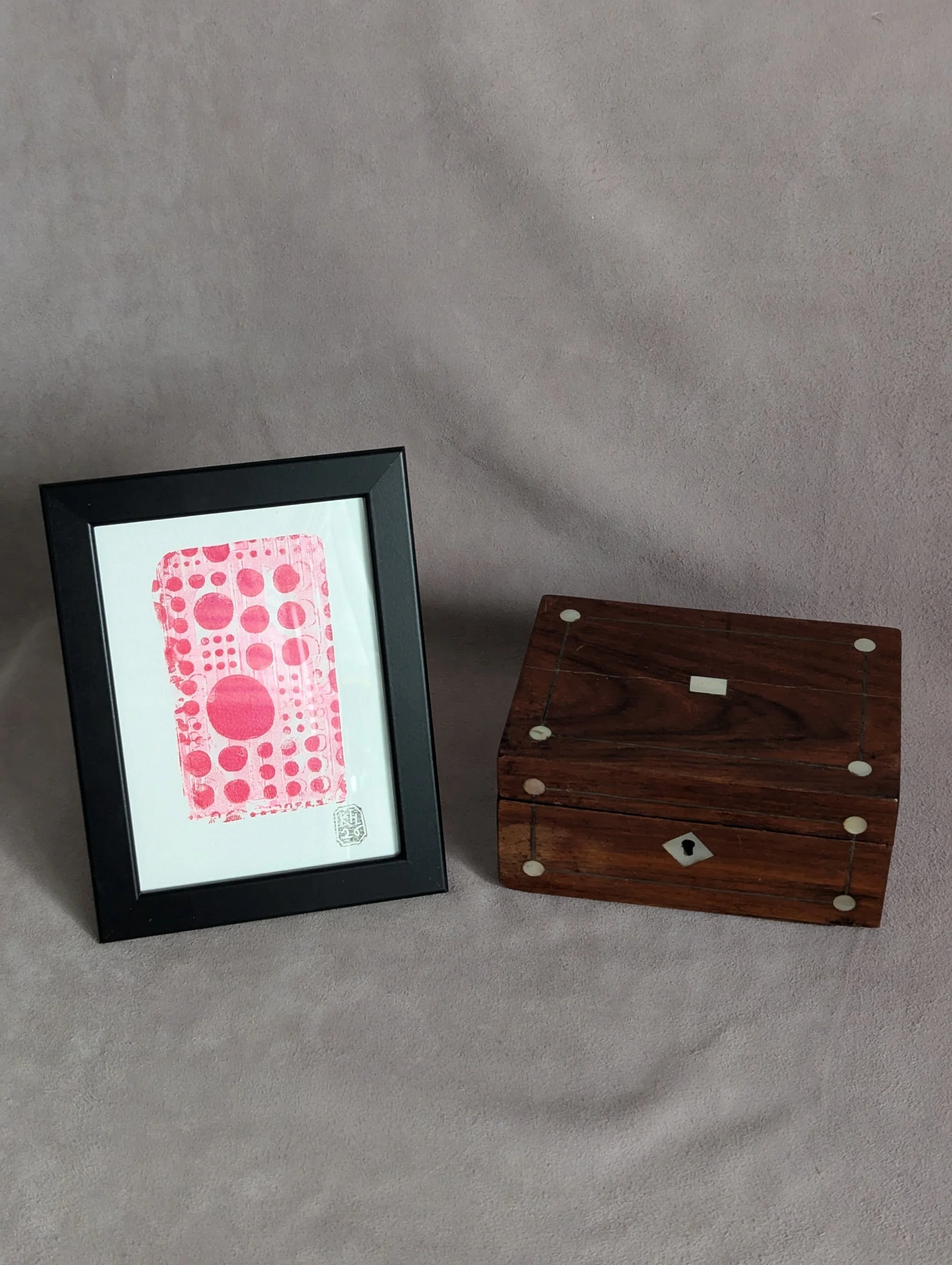 Iridescent Red abstract circles monoprint