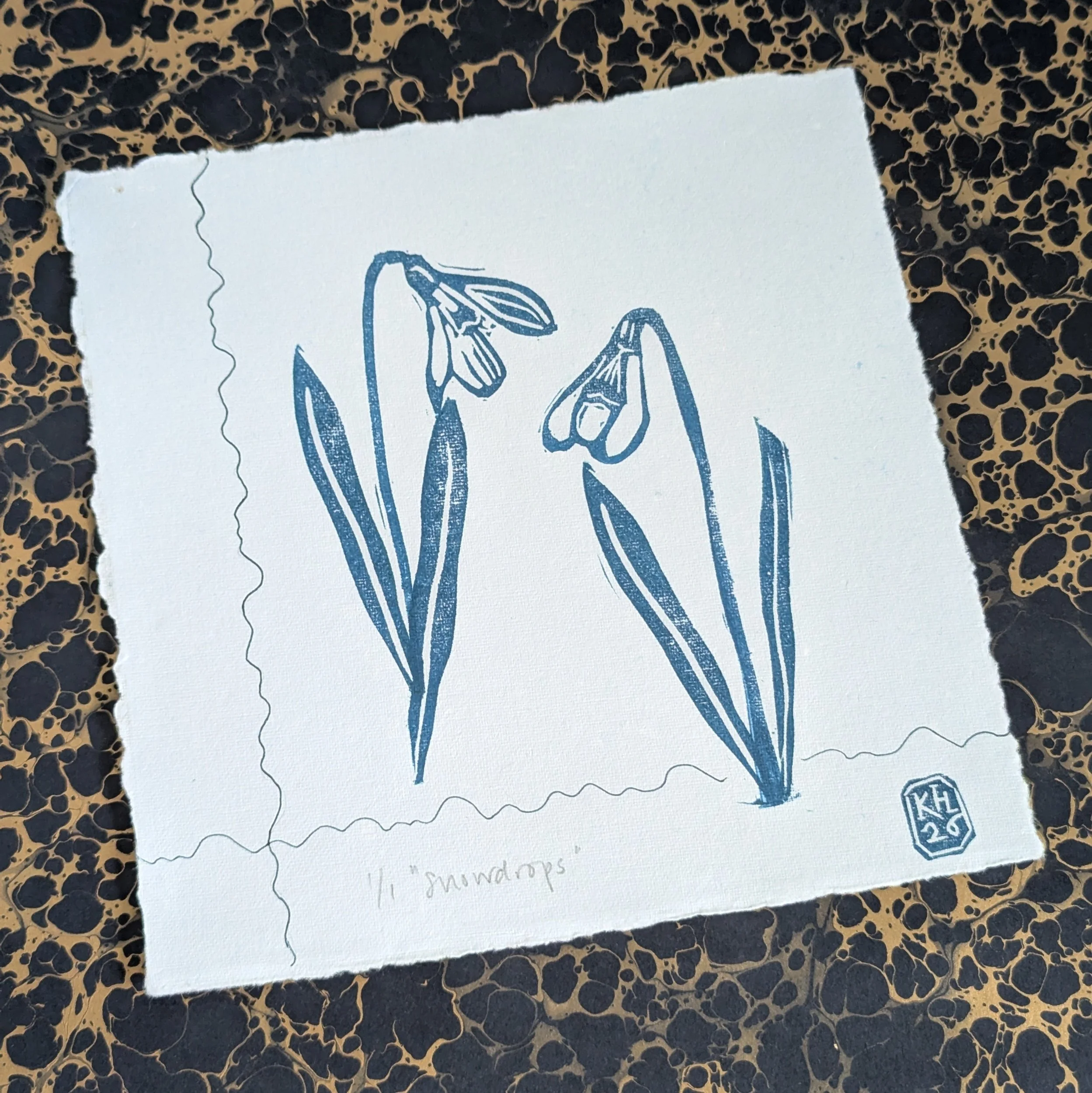 Snowdrops - original lino print -  monoprint | springtime