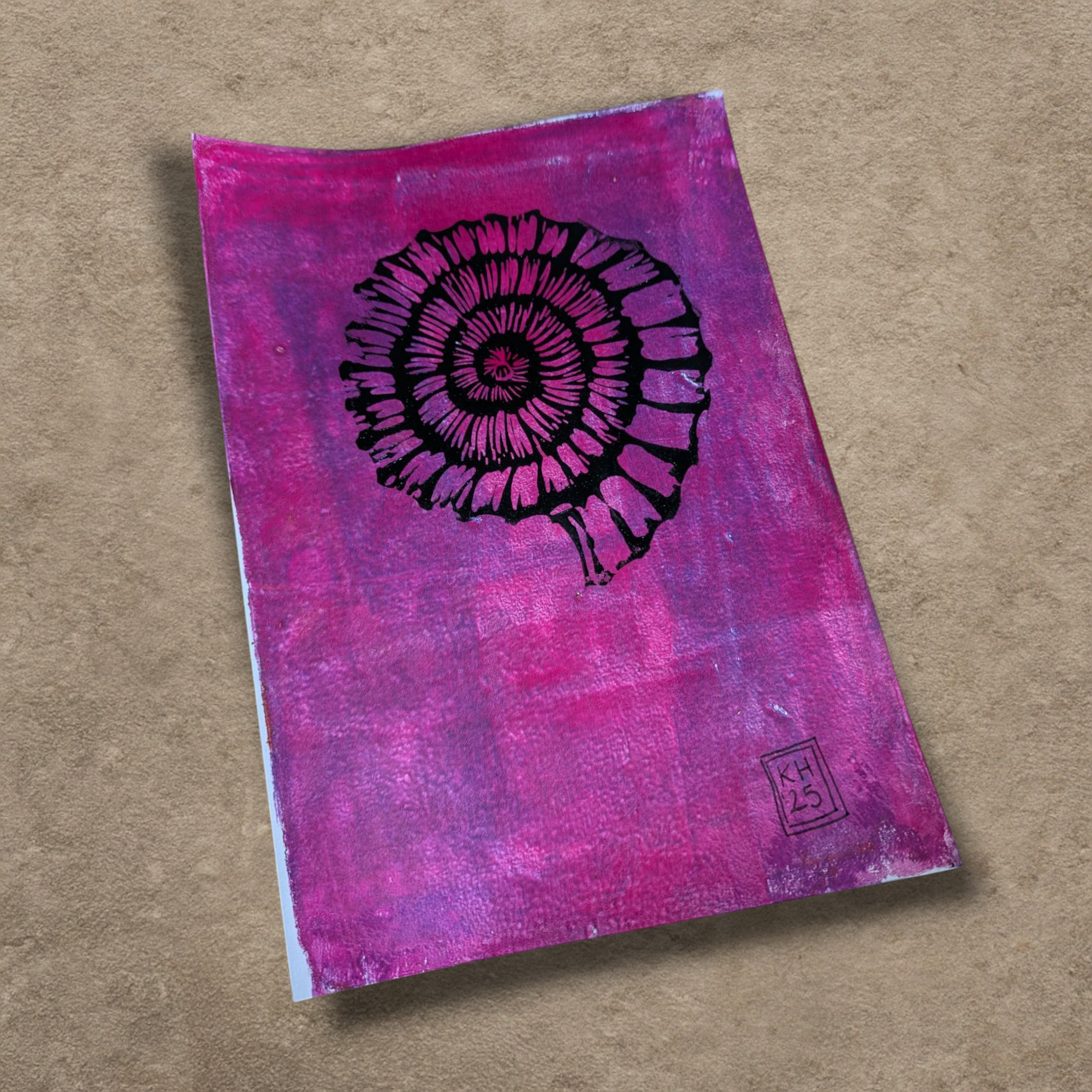 Ammonite: Petal of the Deep  - hand-printed lino print on monoprinted background