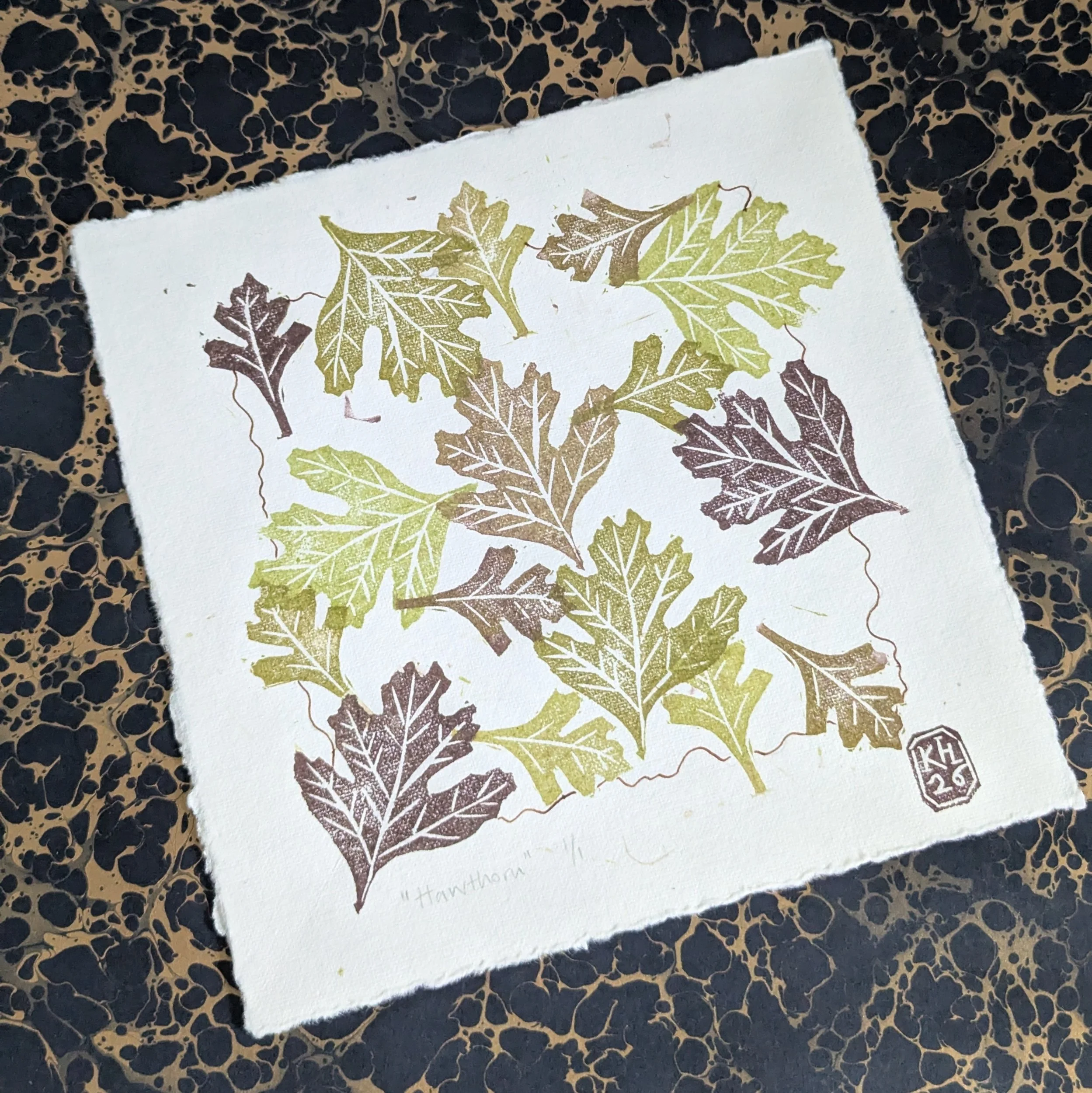 Hawthorn - original lino print - green monoprint