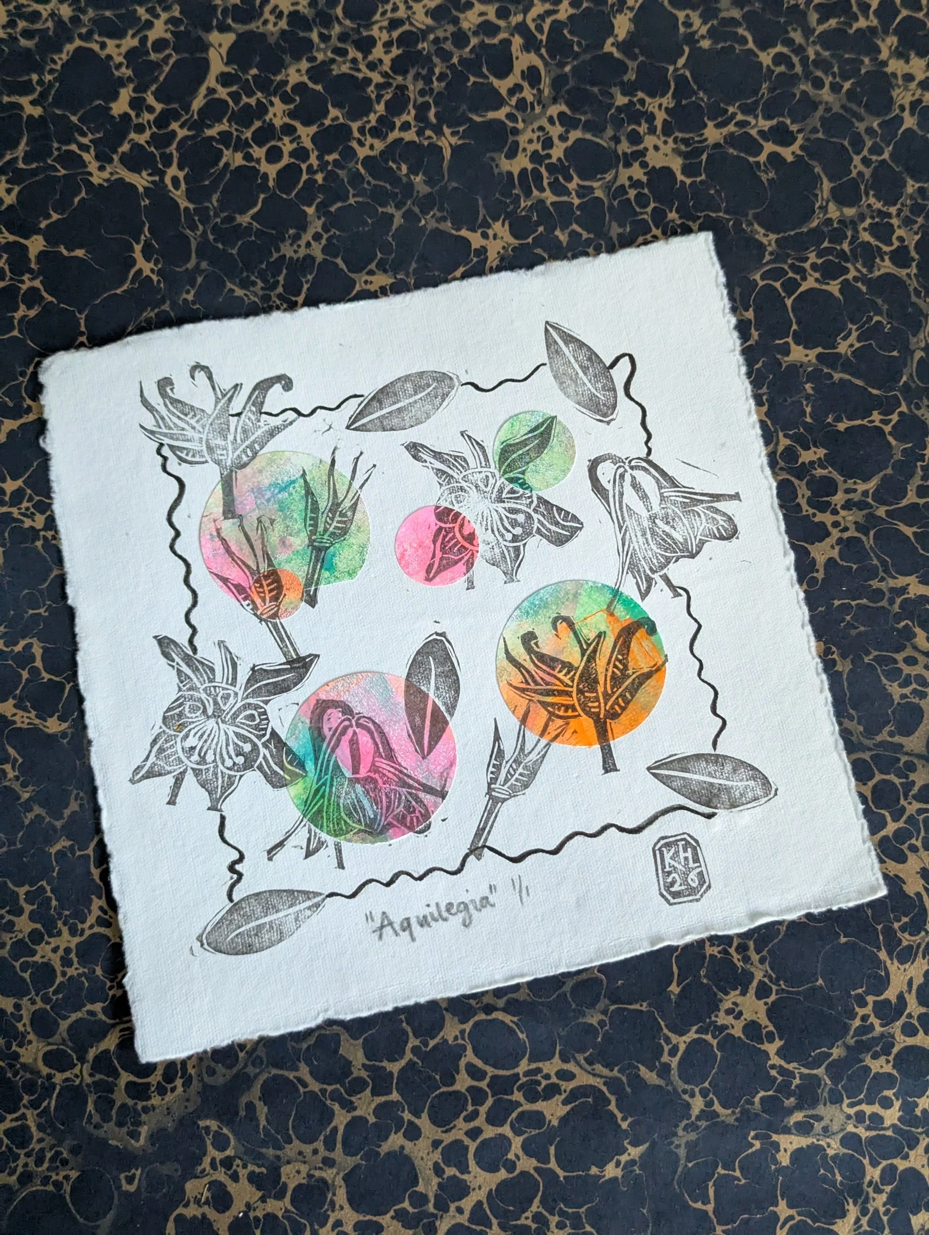 Aquilegia - original monoprint multimedia lino print