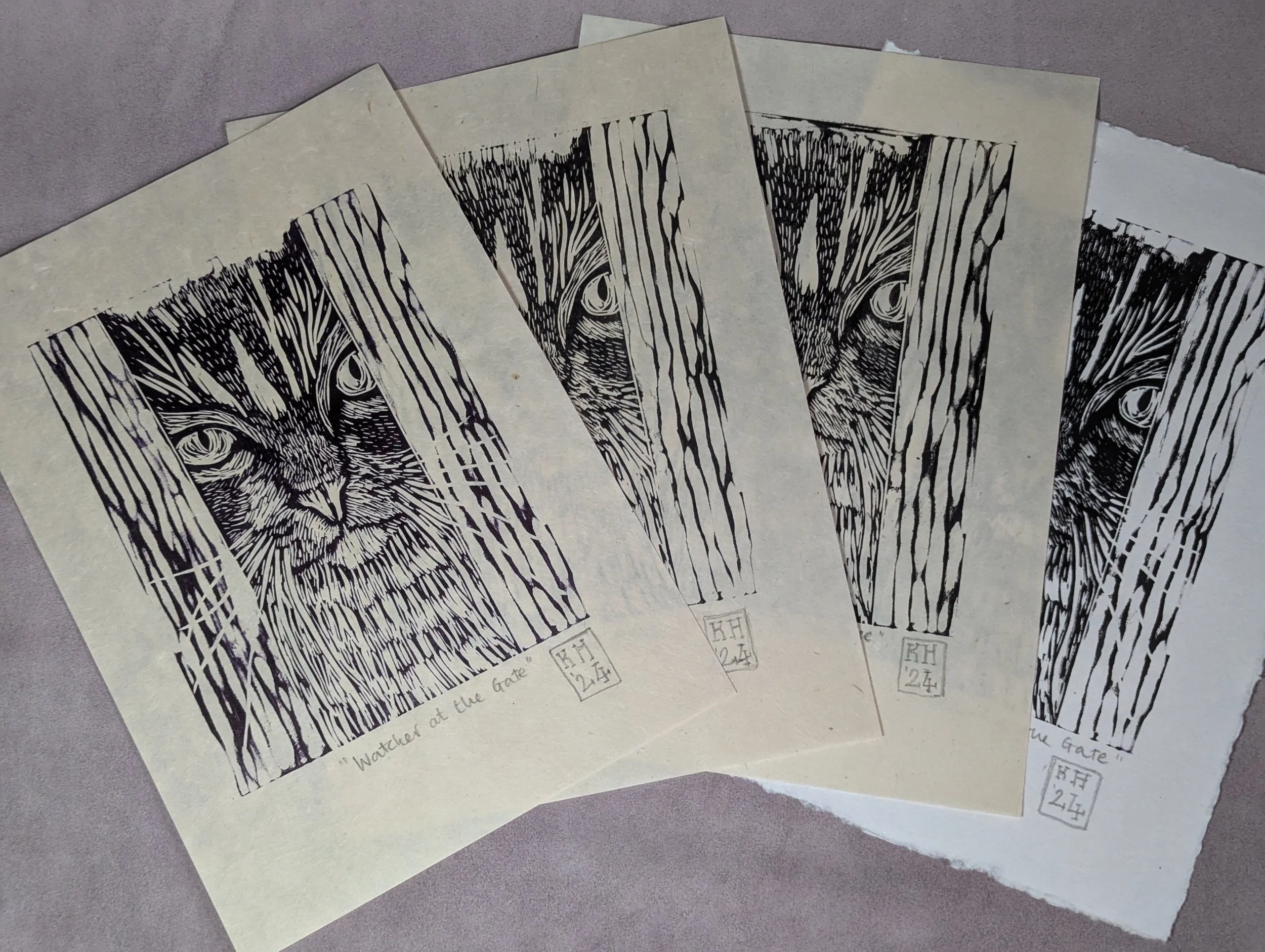 "Watcher at the Gate" - original A4 lino print Tabby Cat Violet/Lokta I