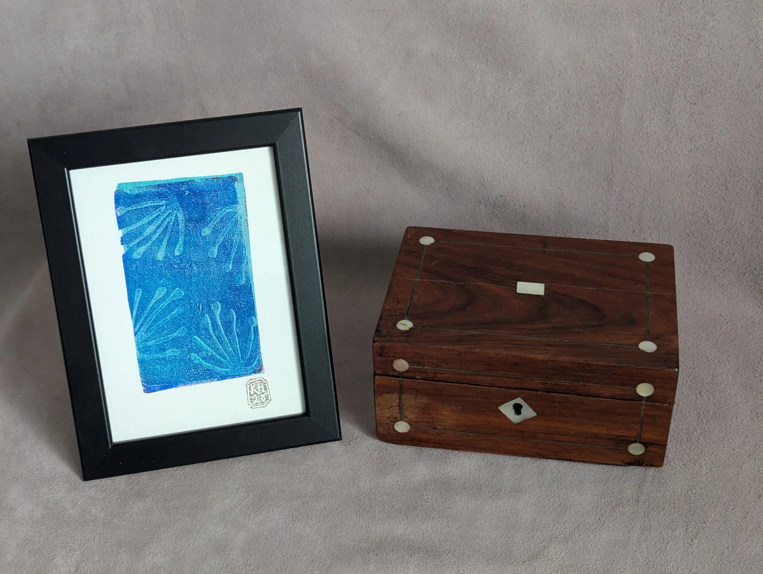 Abstract leaves - Blue and Turquoise iridescent monoprint