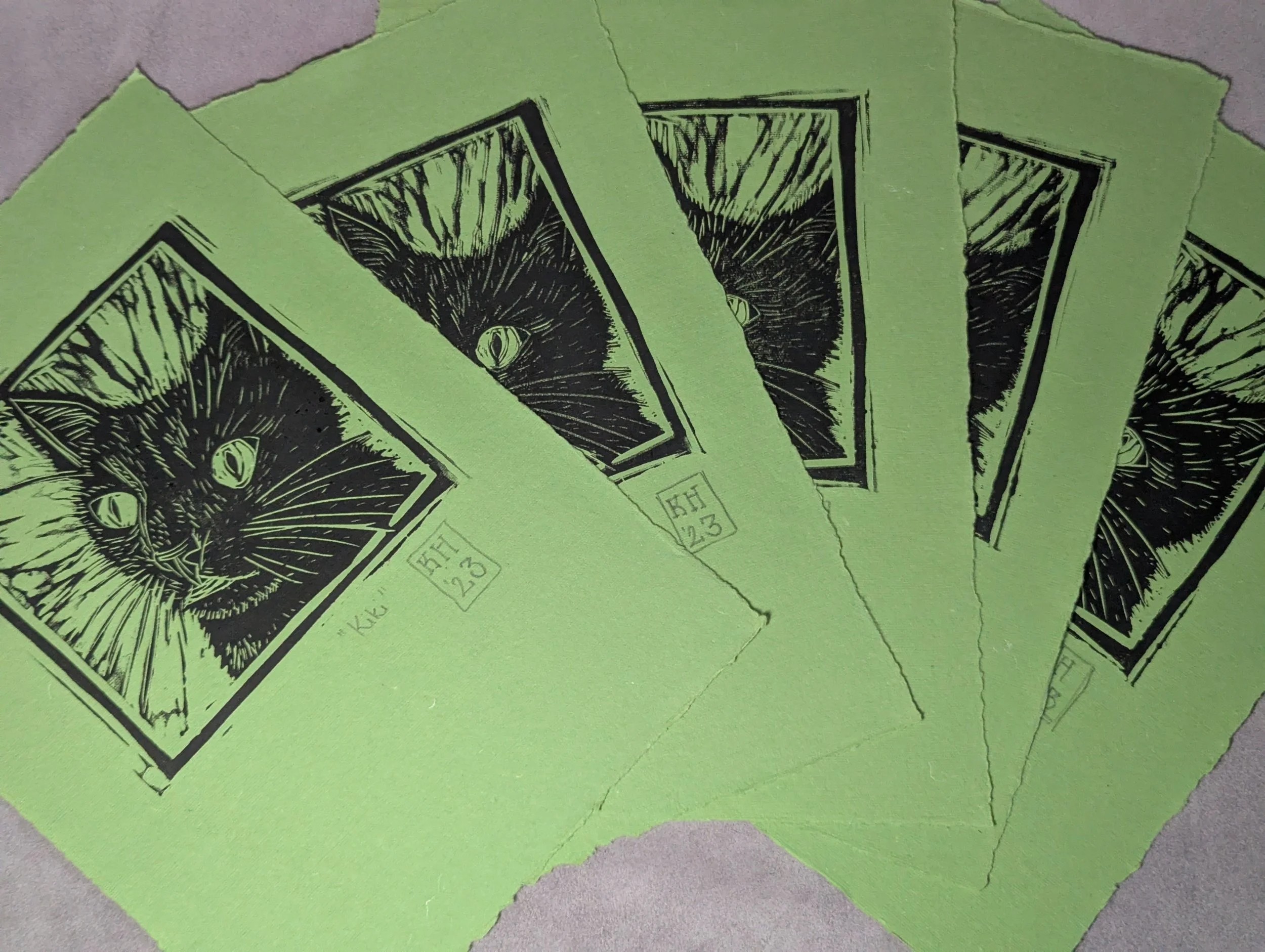 Kiki the Black Cat original Linoprint on Green Cotton Rag Paper