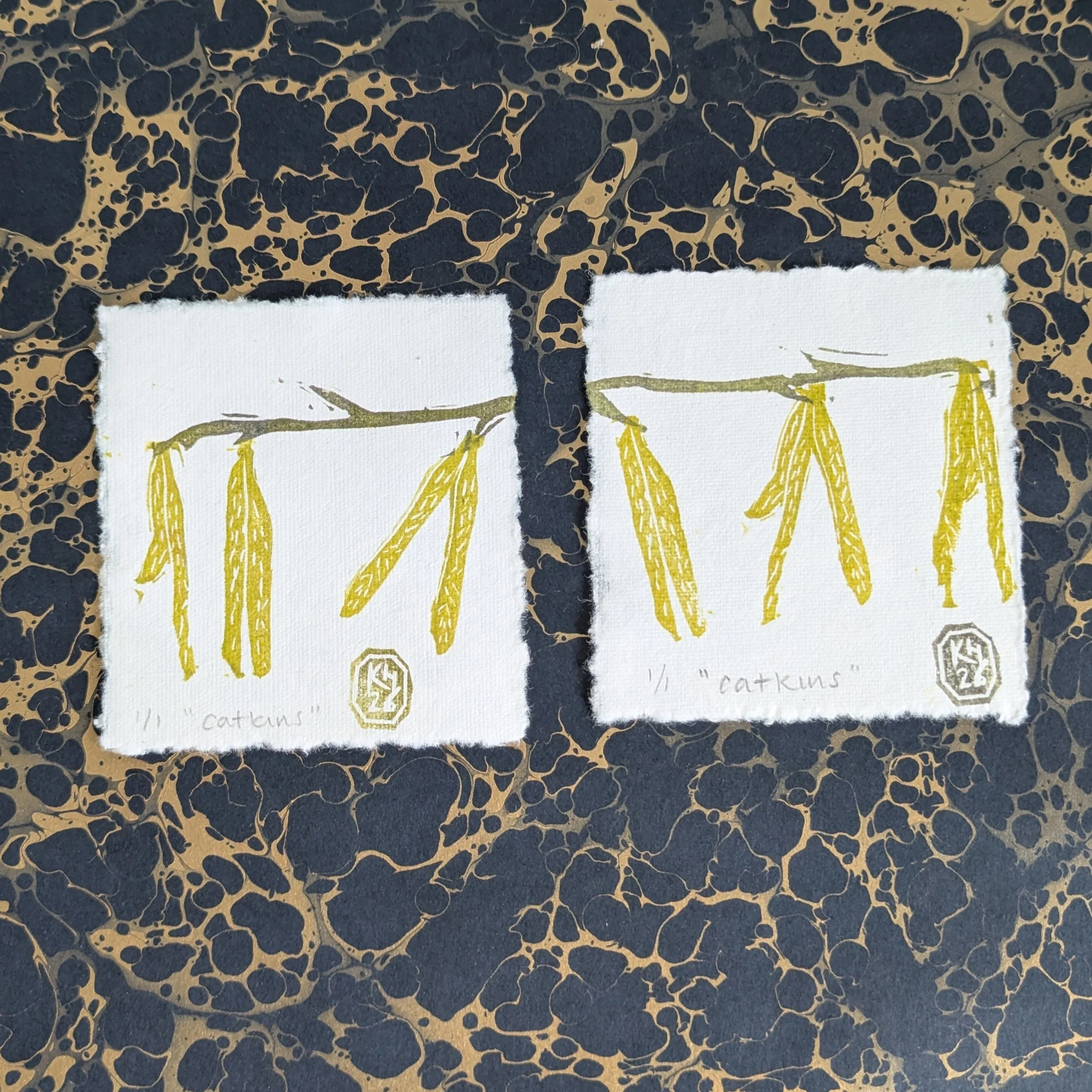 Catkins - original monoprint lino print miniprint
