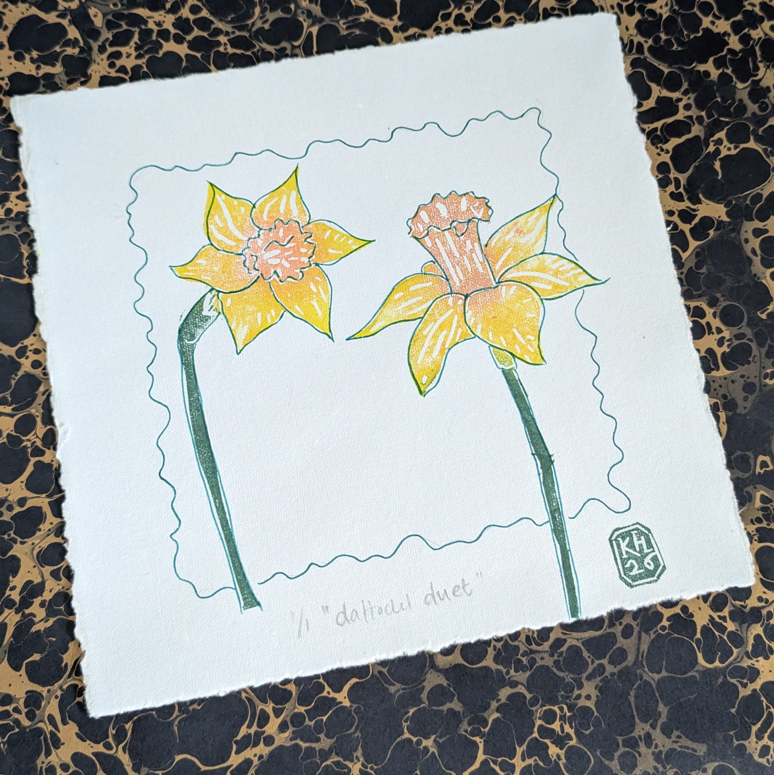 Daffodil Duet - original lino print -  monoprint | springtime