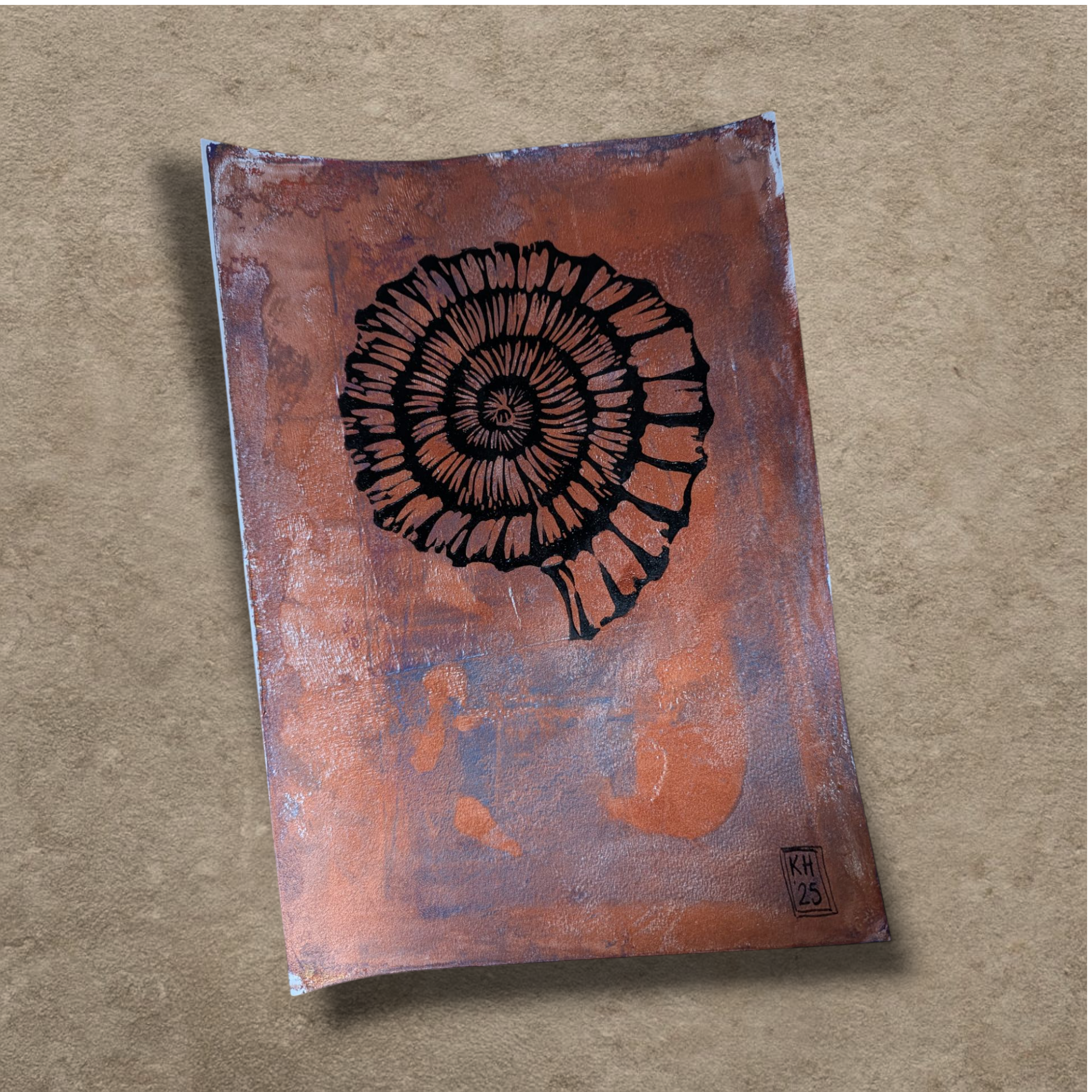 Ammonite: Corefire  - hand-printed lino print on monoprinted background