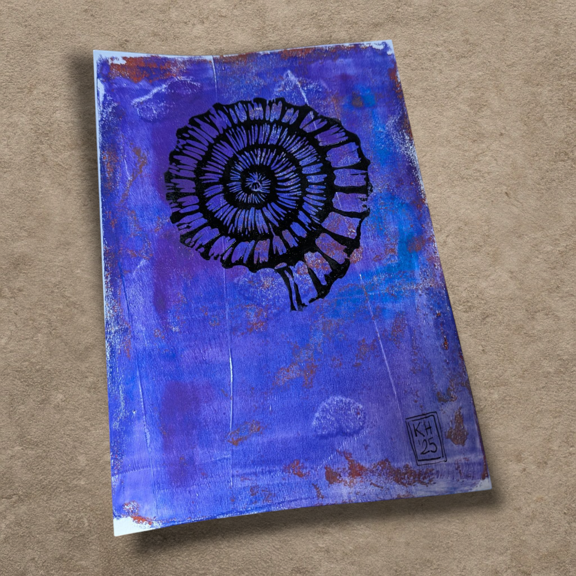 Ammonite: Cosmic Remembering  - hand-printed lino print on monoprinted background