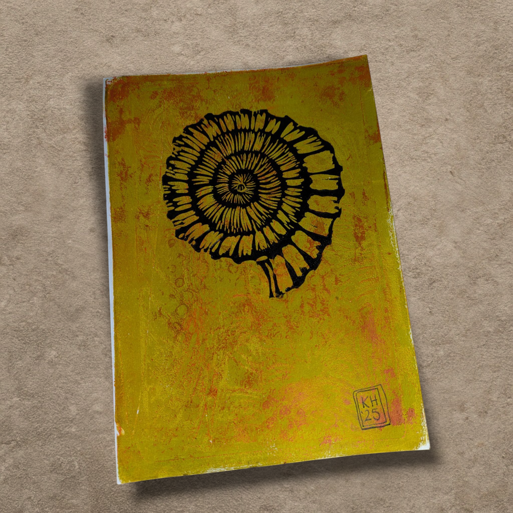 Ammonite: Solar Memory  - hand-printed lino print on monoprinted background
