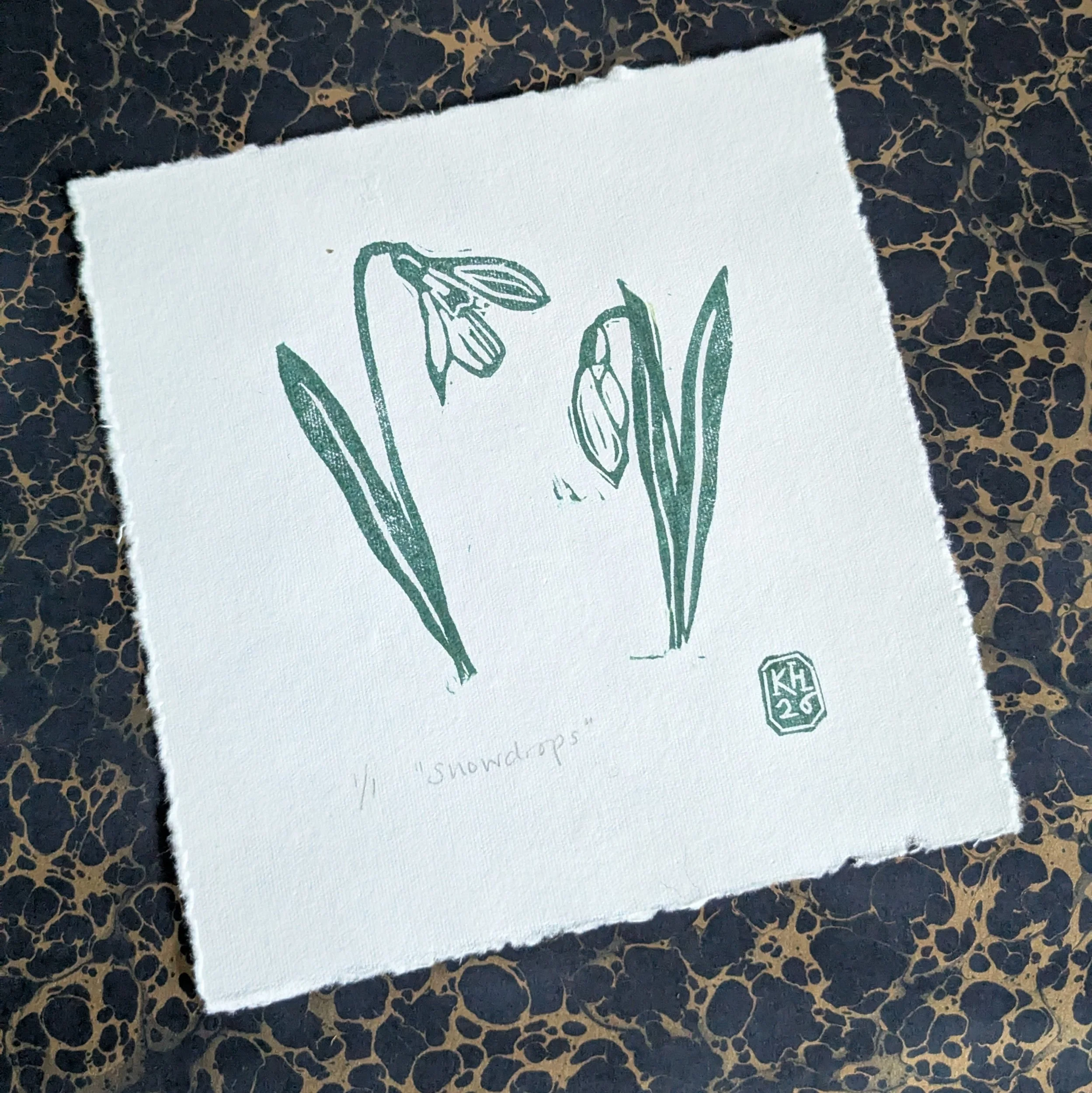 Snowdrops II - original lino print -  monoprint | springtime