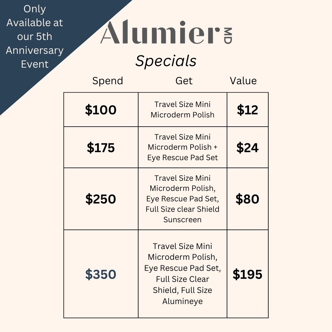 Specials available this Friday at our at our 5th Anniversary event! 

To attend the event, RSVP to kristi@selfmedicsalspa.com, call 250 552 6315, or DM us!

#selfmedicalspa #specials #5yearsinbusiness #princegeorgebcevents