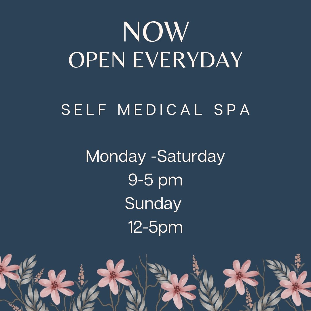 Update on our hours of operation! We are now open everyday for your convenience. 9am-5pm Monday-Saturday and 12pm-5pm on Sundays.

#selfmedicalspa #esthetictreatments #lasertreatments #facials #massage #waxing #manicure #hairremoval #princegeorgebc