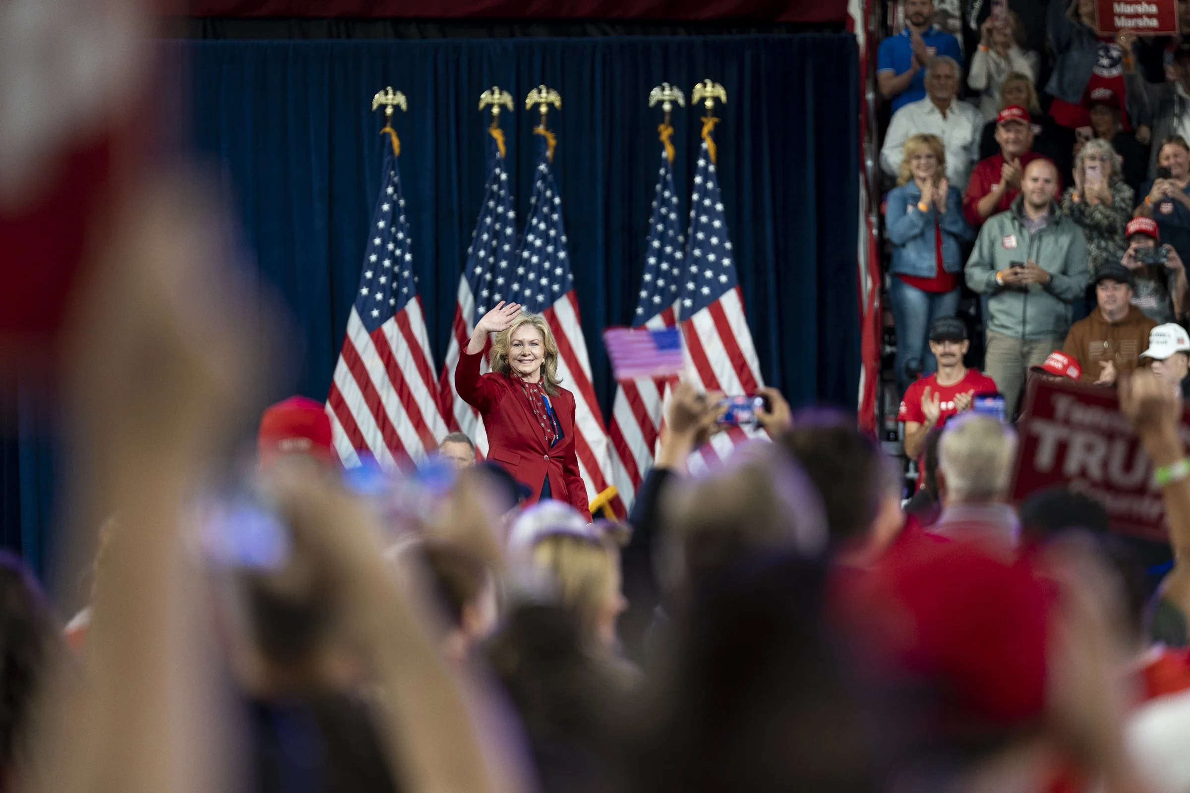  U.S. Senator Marsha Blackburn, the Republican candidate for Tennessee governor, waves to the crowd during President Donald Trump's midterm campaign rally. 
