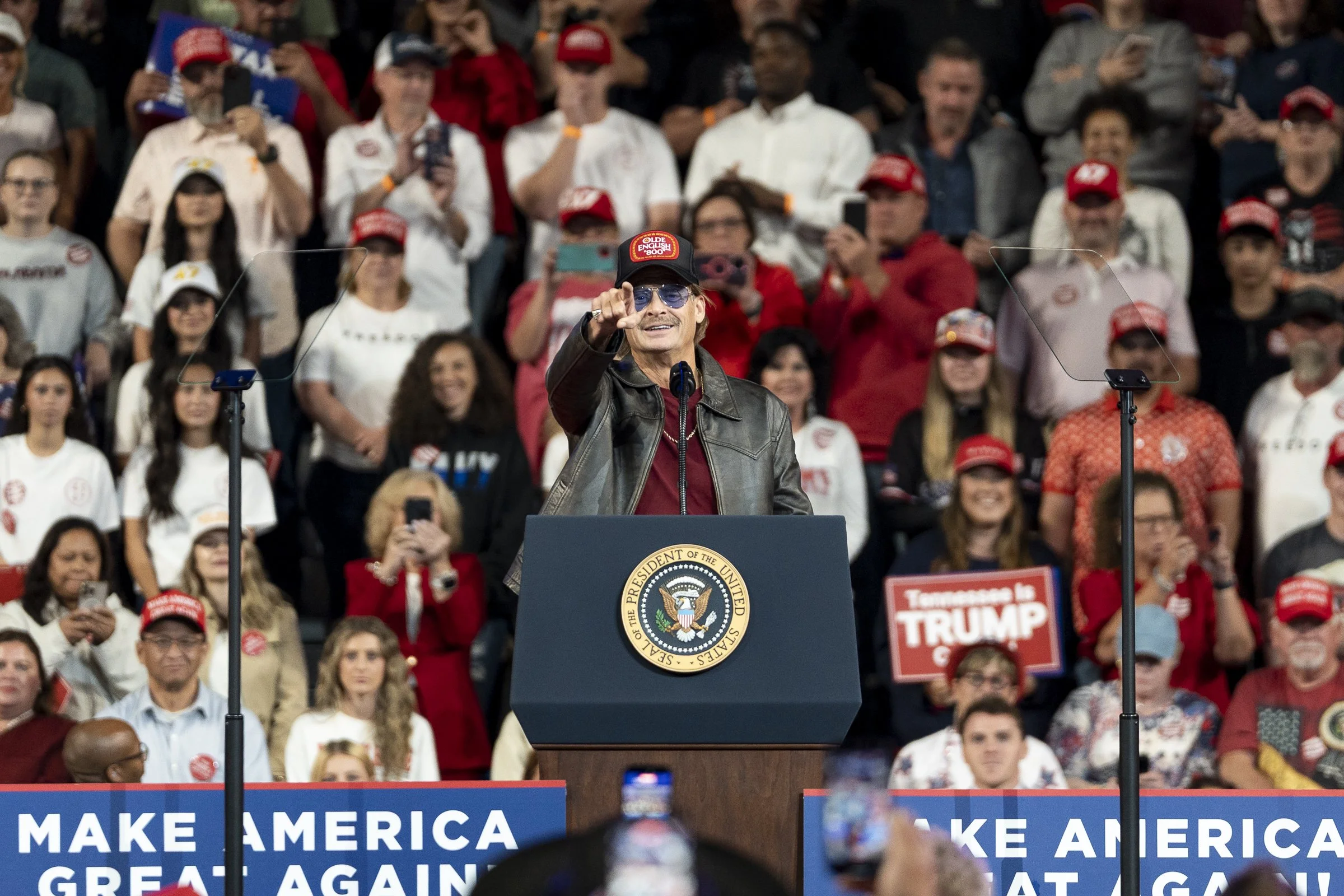  Musician Kid Rock points toward the media platform while referring to members of the press as “fake news.” 