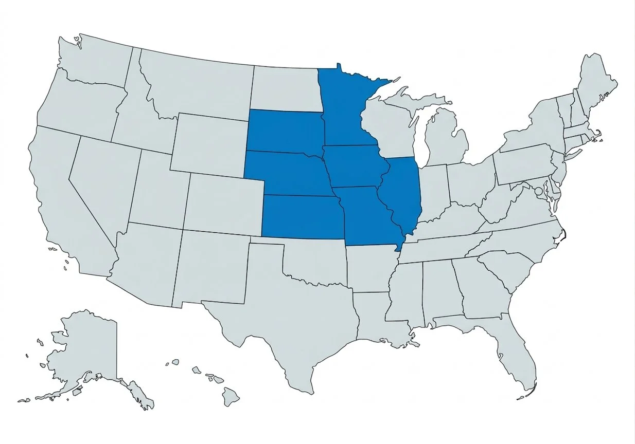 Map of the United States highlighting the states of Minnesota, Iowa, Wisconsin, Illinois, Indiana, Michigan, Ohio, and Missouri.