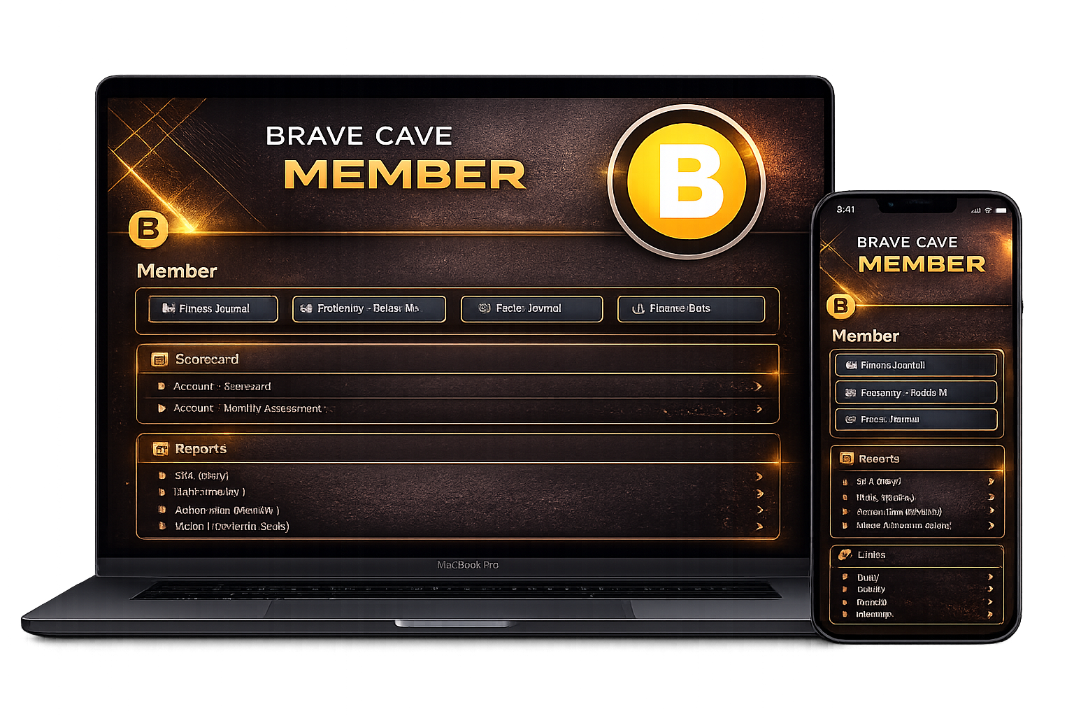 A laptop and a smartphone displaying a digital interface for 'Brave Cave Member.' The interface has a dark, black background with gold accents and text. The logo features a large yellow circle with a white letter B. The interface contains sections labeled 'Member,' 'Scorecard,' 'Reports,' and 'Lines,' with various items listed under each section.
