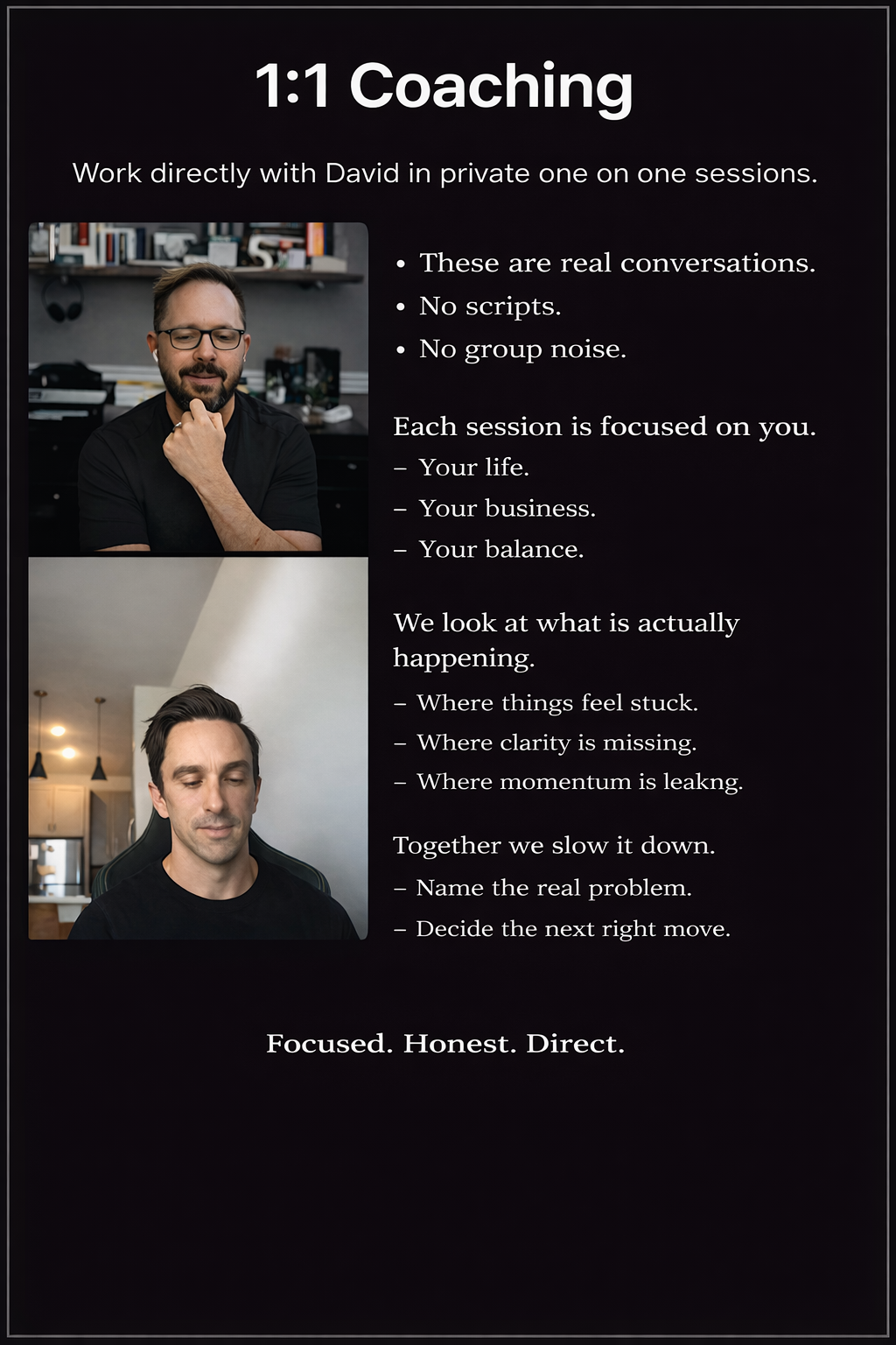 A presentation slide about 1:1 coaching, featuring two men in video call images and text explaining the coaching process, focus areas, and objectives.