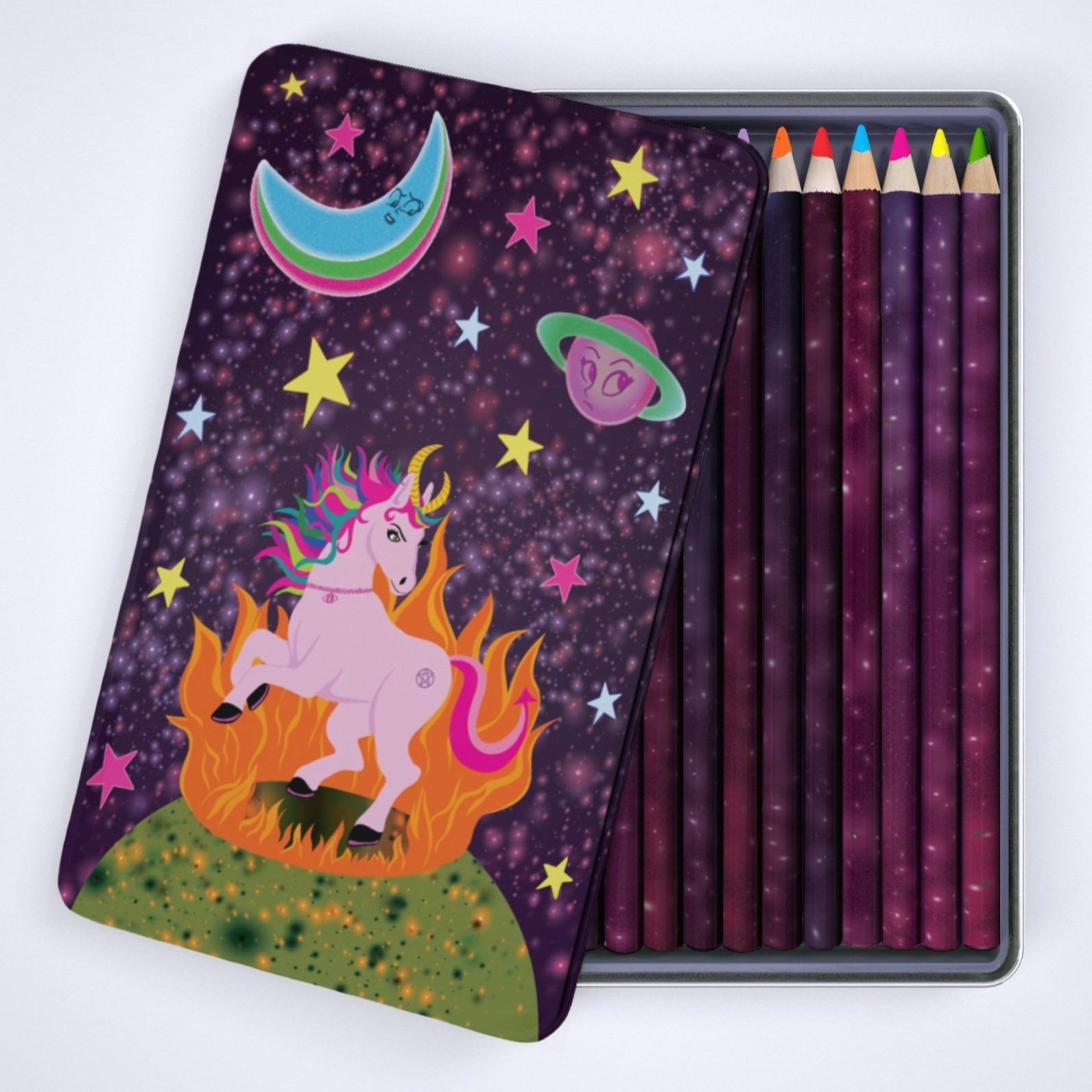 On the front of a tin case full of rainbow drawing pencils is a colorful and vibrant illustration.