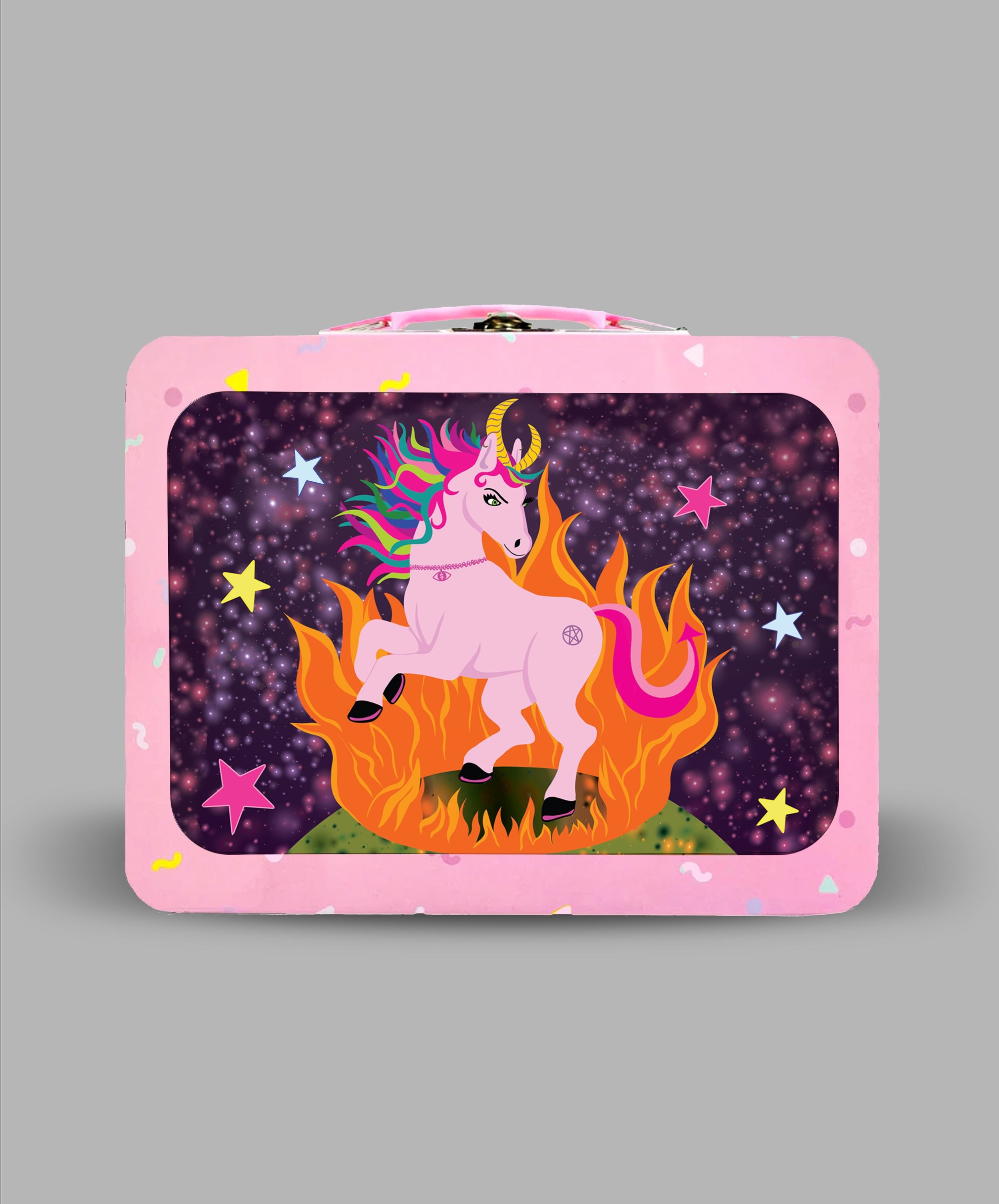 A tin lunchbox product featuring an illustration on the front, with the focus being the nefarious brightly colored unicorn surrounded by flames on planet stuck-up.