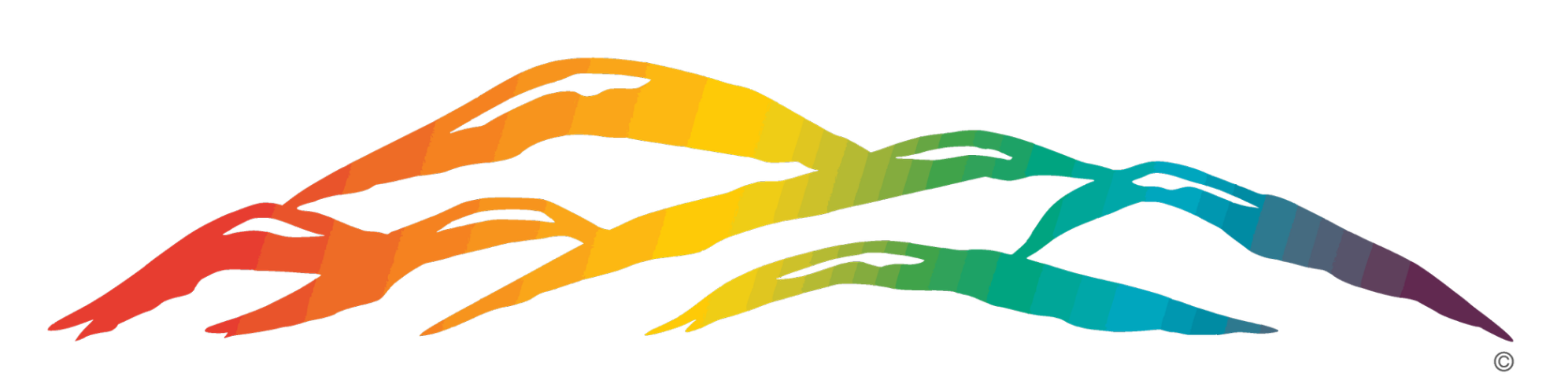 Colorful abstract mountain range illustration with shades of red, orange, yellow, green, blue, and purple on a black background.