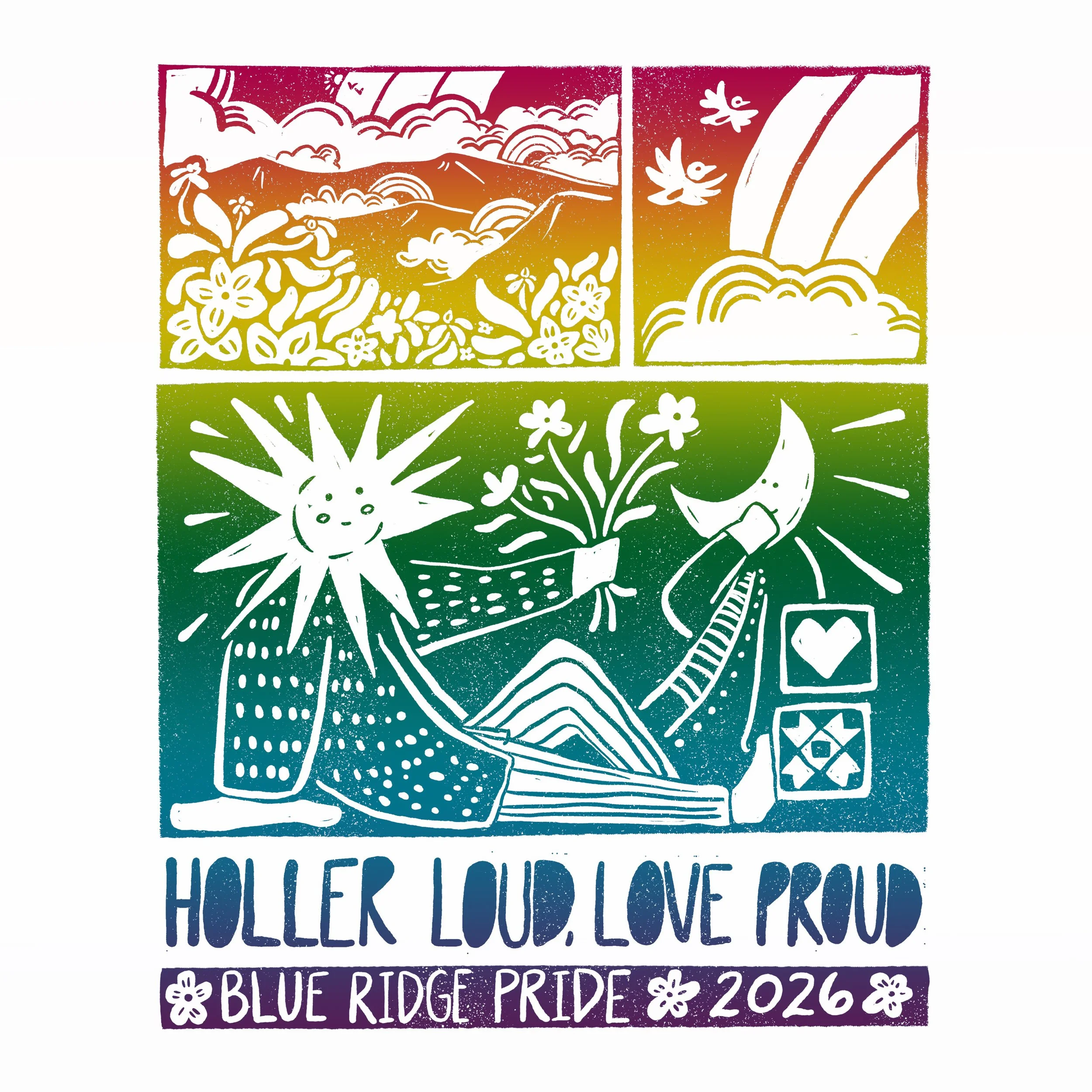 Colorful graphic design promoting the 2026 Blue Ridge Pride event, featuring mountains, flowers, and a greeting, with the text: 'Hello Lovelies'