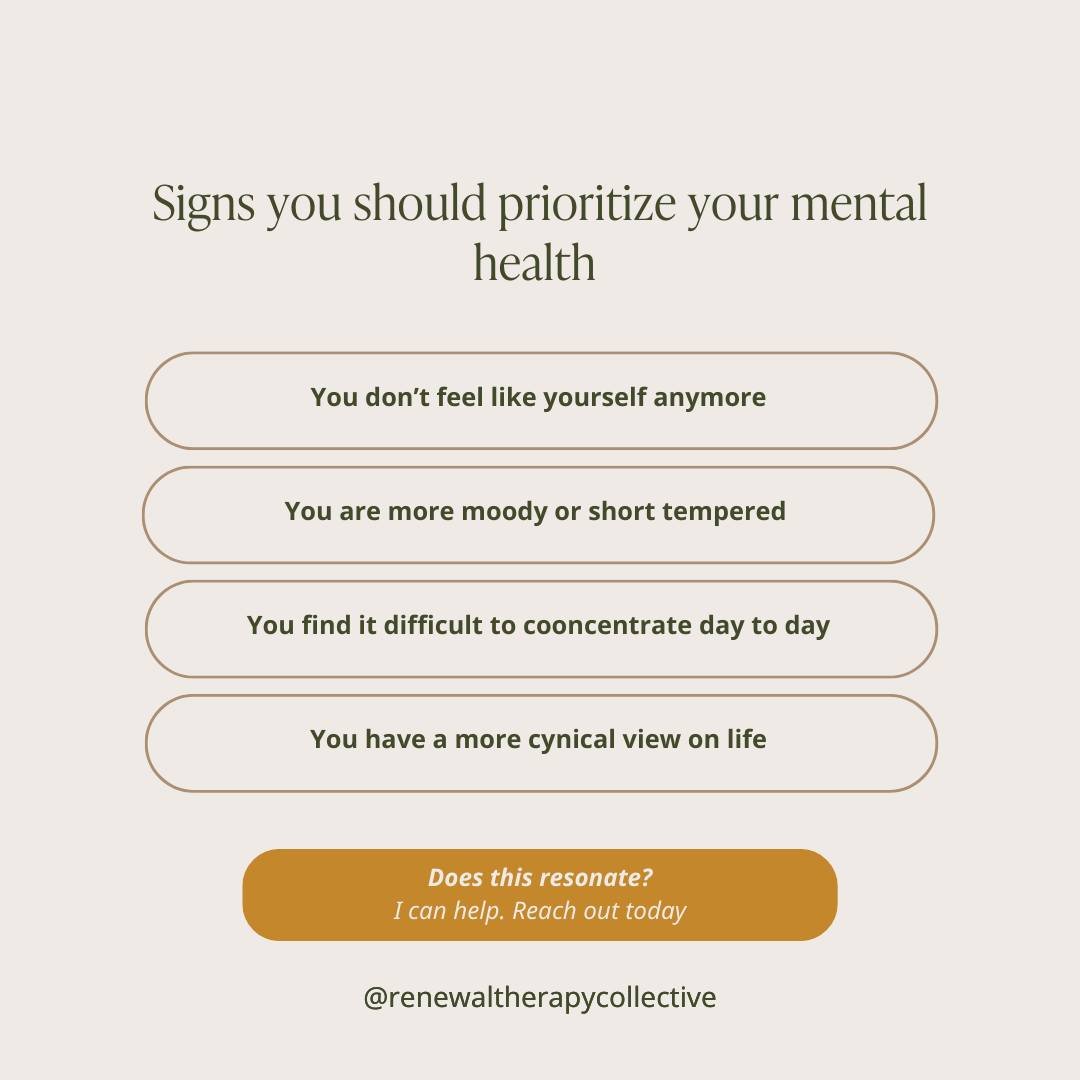 Here are some signs you should prioritize your mental health more! 

#renewaltherapycollective #mentalhealth #therapy #therapistsofinstagram  #washingtontherapist #wenatcheetherapist #wenatchee #wenatcheevalley #watherapist #mentalhealthawarenessmont