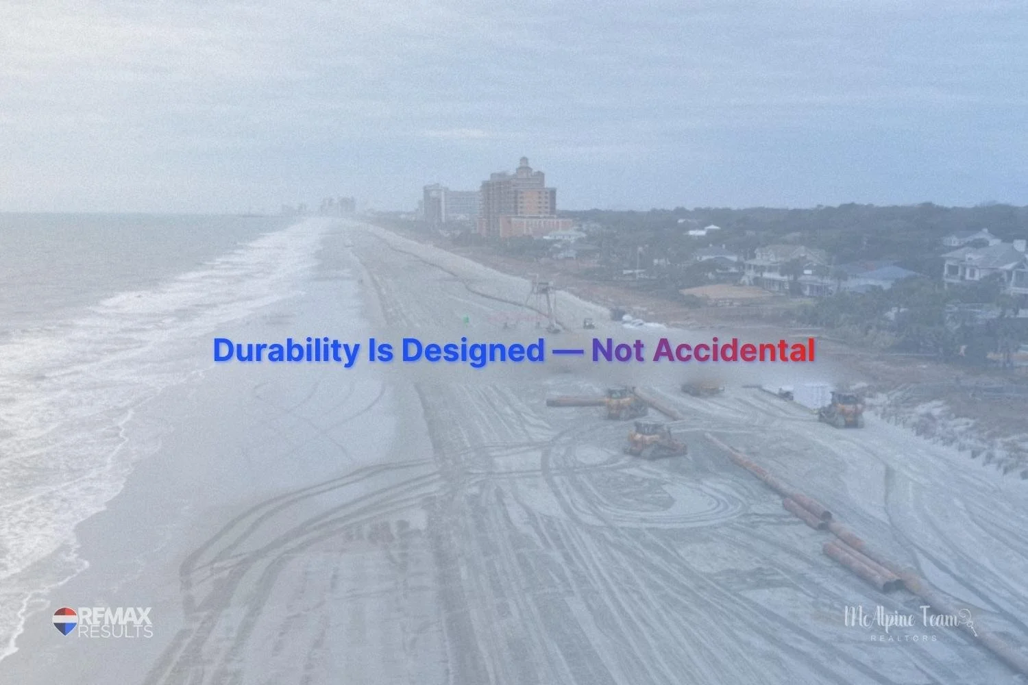 Wide shoreline view of the Myrtle Beach renourishment project showing restored beach width and coastal protection work.