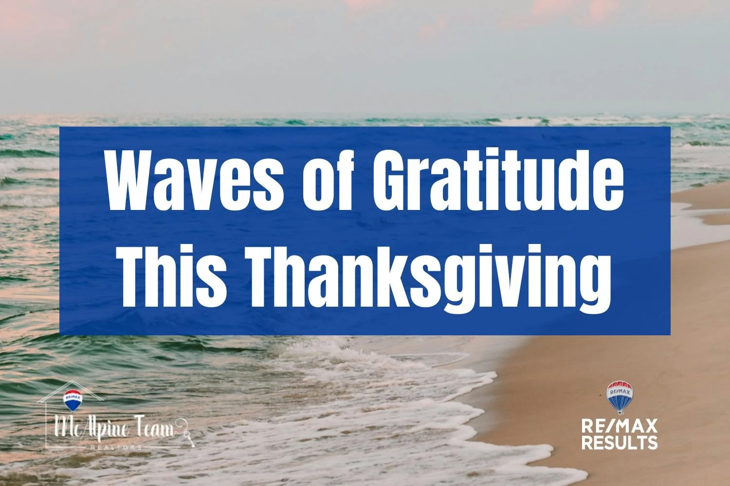 Thanksgiving coastal graphic with the text ‘Waves of Gratitude This Thanksgiving’ for South Carolina beach home clients.