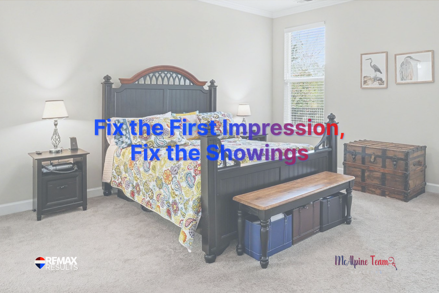 bedroom staged for sale with emphasis on presentation and first impression