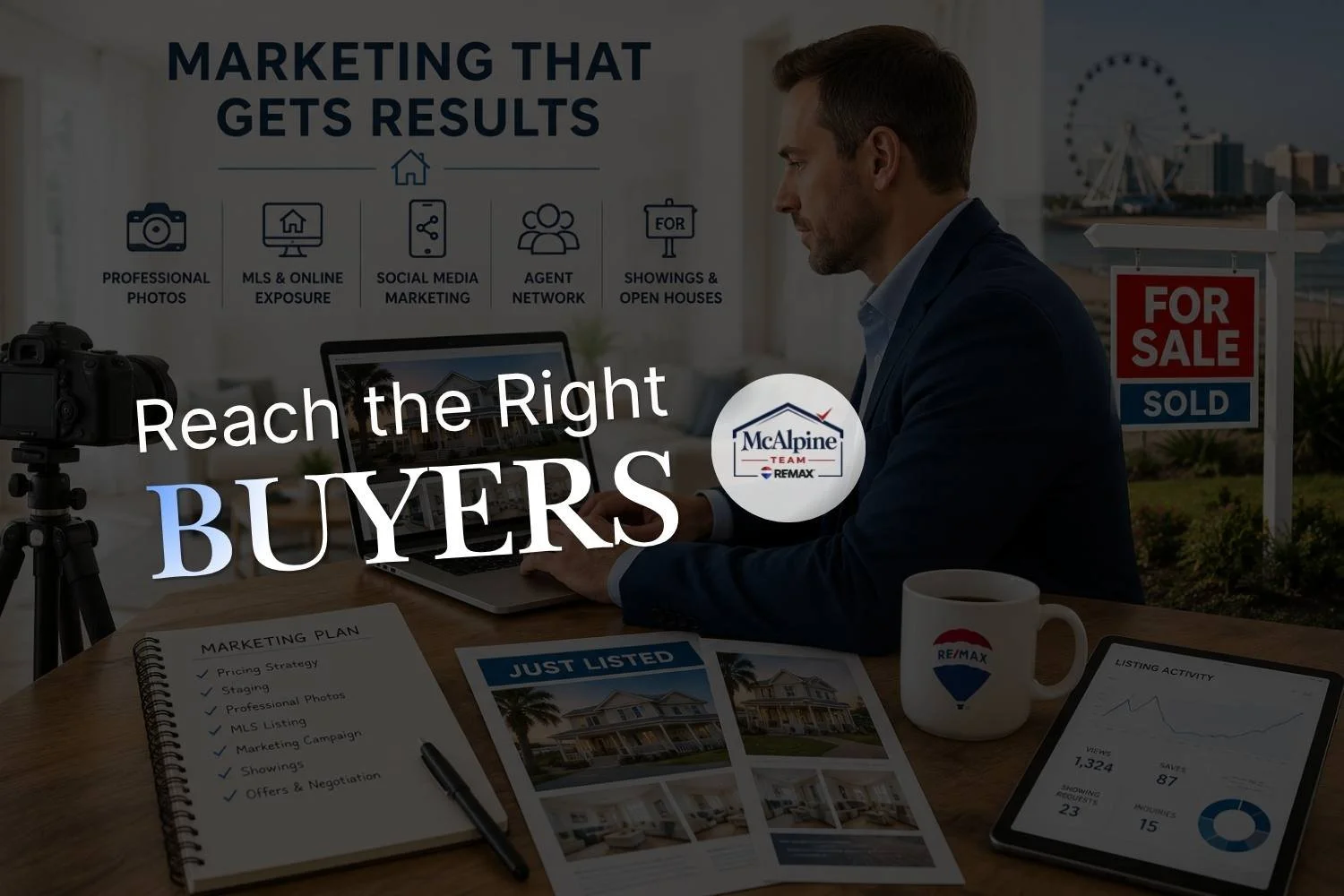 Real estate graphic showing a listing agent working on home marketing with listing materials, buyer activity, and a for sale sign, representing how a listing agent helps reach the right buyers.