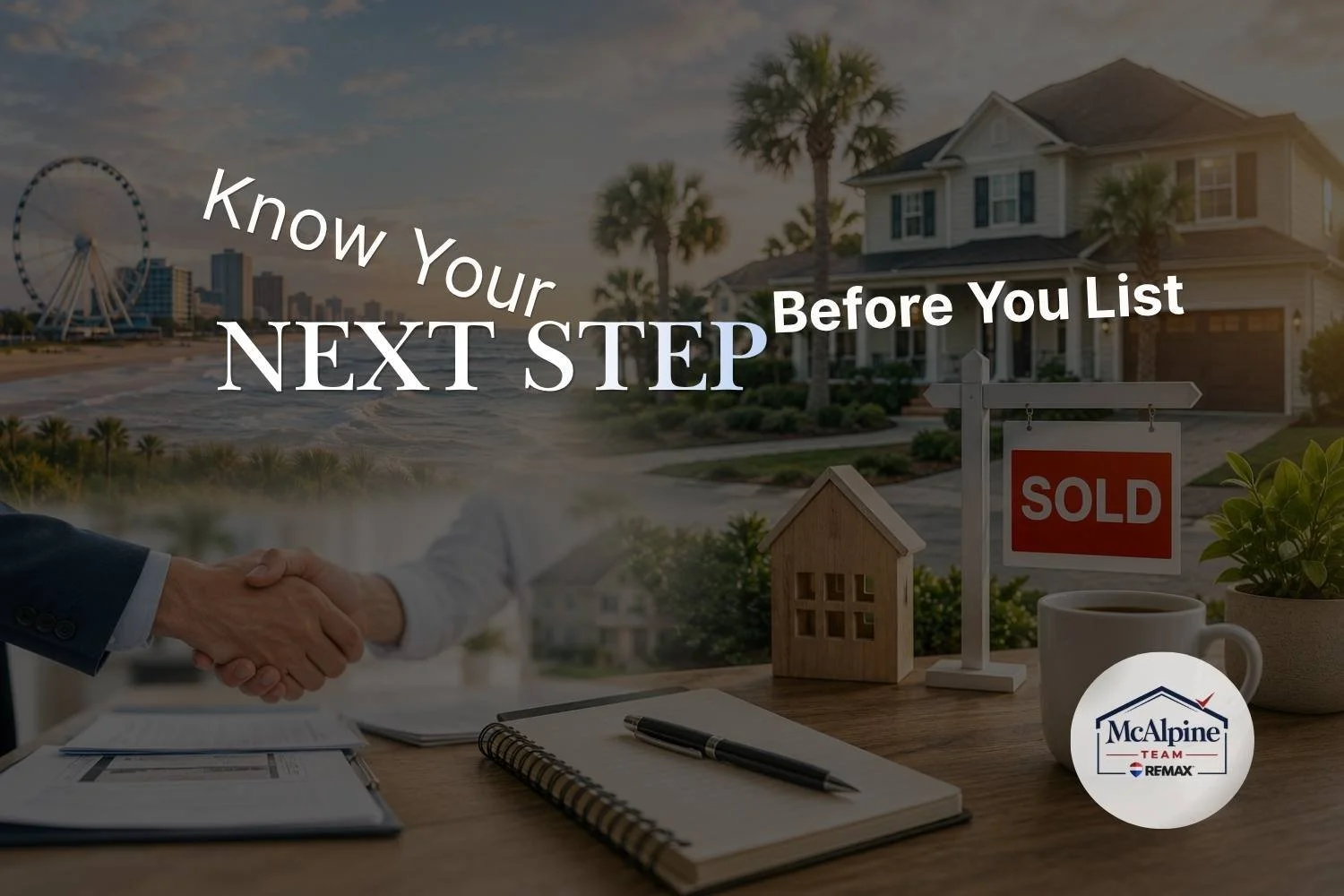 Real estate graphic showing a sold sign, closing paperwork, a handshake, and a coastal South Carolina home, representing the next step after selling a home.