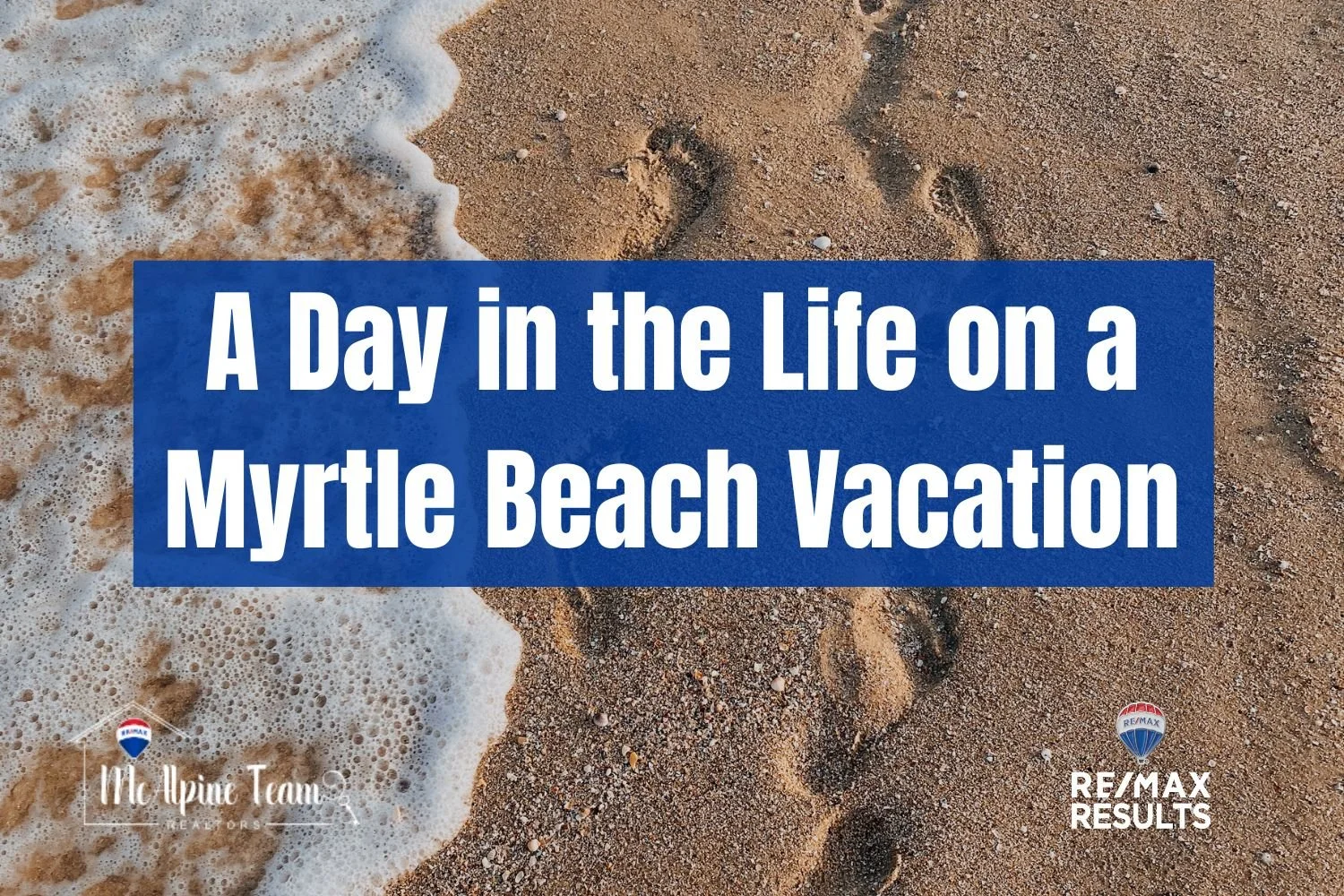 A beach shoreline with gentle waves and the text “A Day in the Life on a Myrtle Beach Vacation,” introducing the blog’s theme.