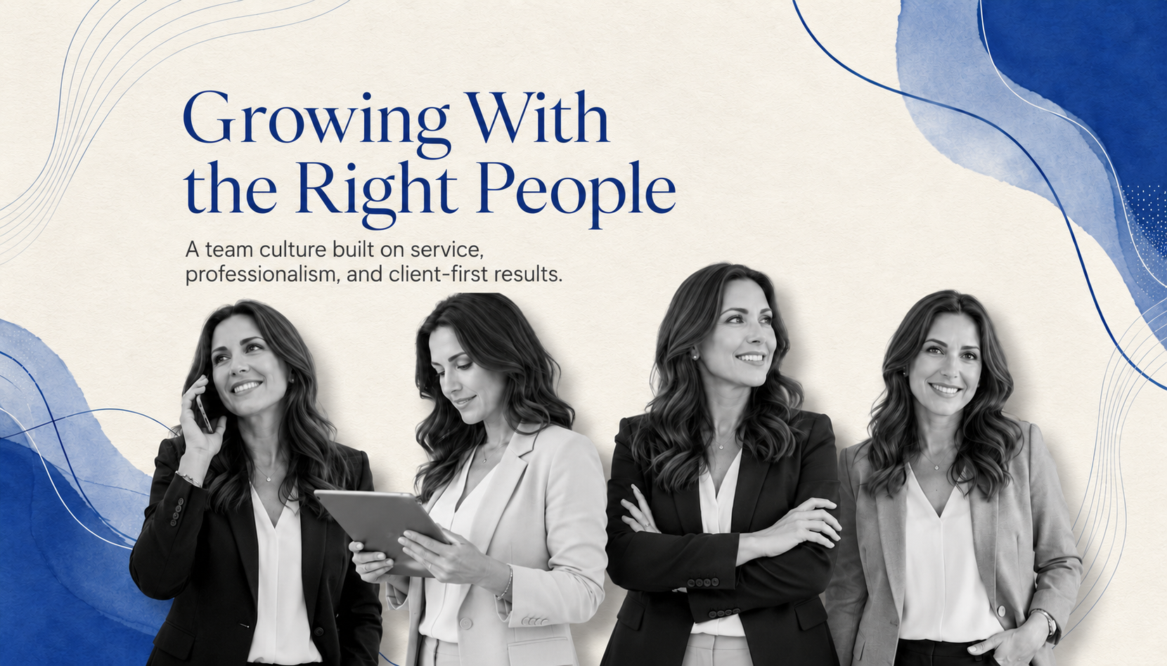 The McAlpine Team graphic with grayscale real estate professionals and the message Growing With the Right People.