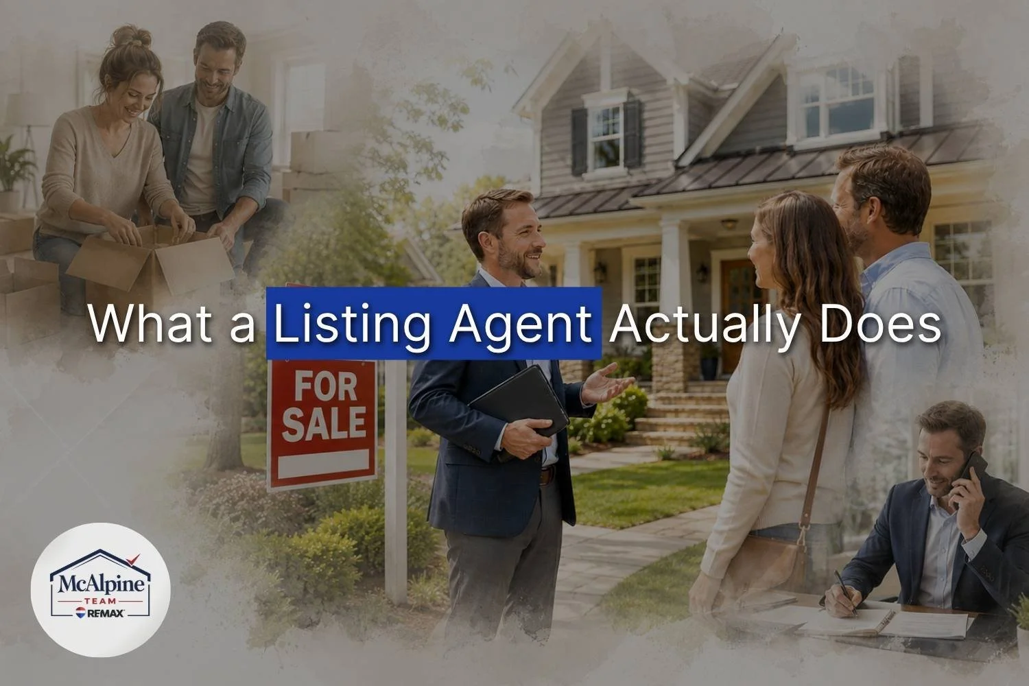 Real estate graphic showing a male listing agent speaking with homeowners outside a home with a for sale sign, representing guidance for selling a home in South Carolina.