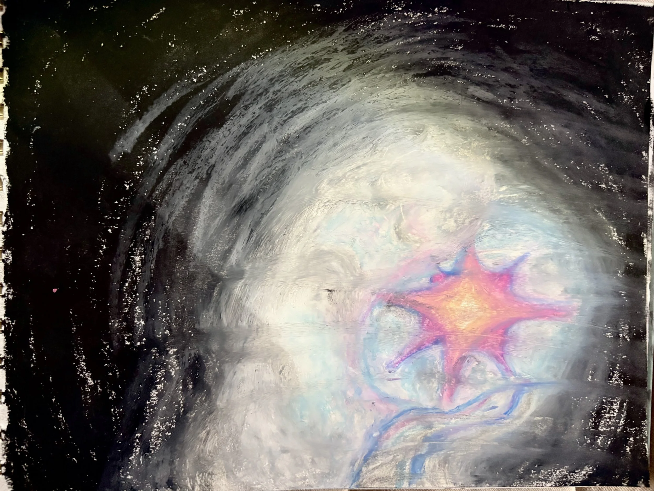 'blame it on the black star' (v1, oil pastel) | inspired by 'Black Start' by Radiohead. created with yearning and desire in mind, the original piece is dedicated to expressing what it means to hold so deeply onto the beautiful things that slip throug