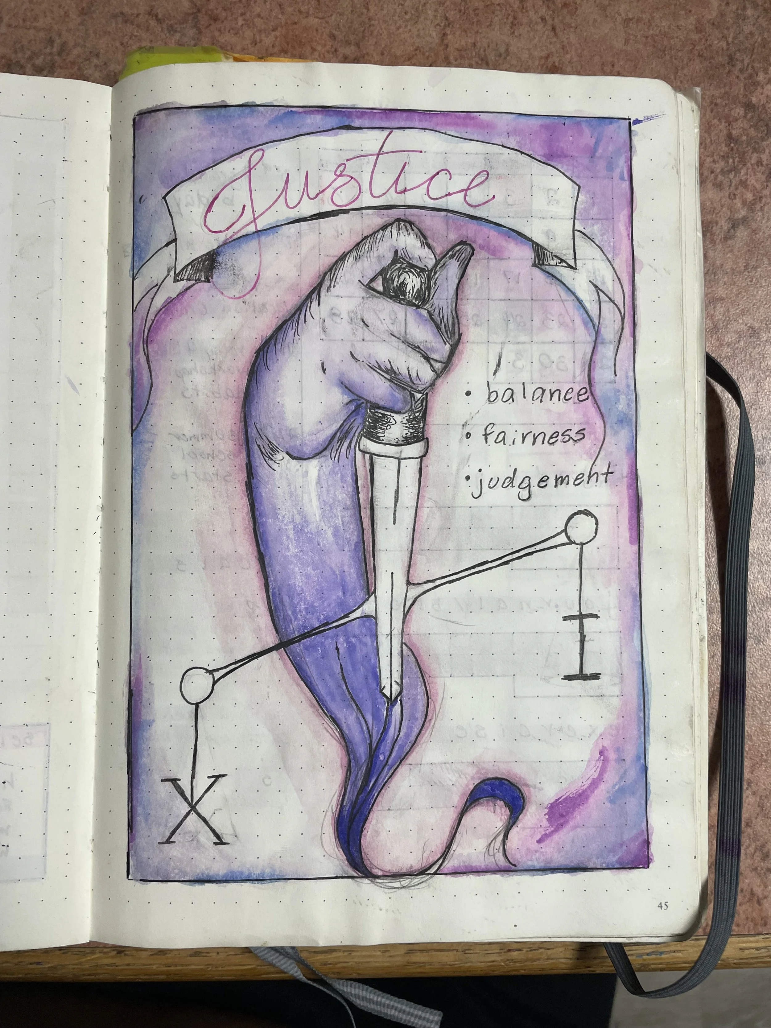 bullet journal, monthly cover (pen, watercolor markers) | xi. justice, in the major arcana justice is often associated with primary components of accountability -- fairness, balance, truth, and karma. 