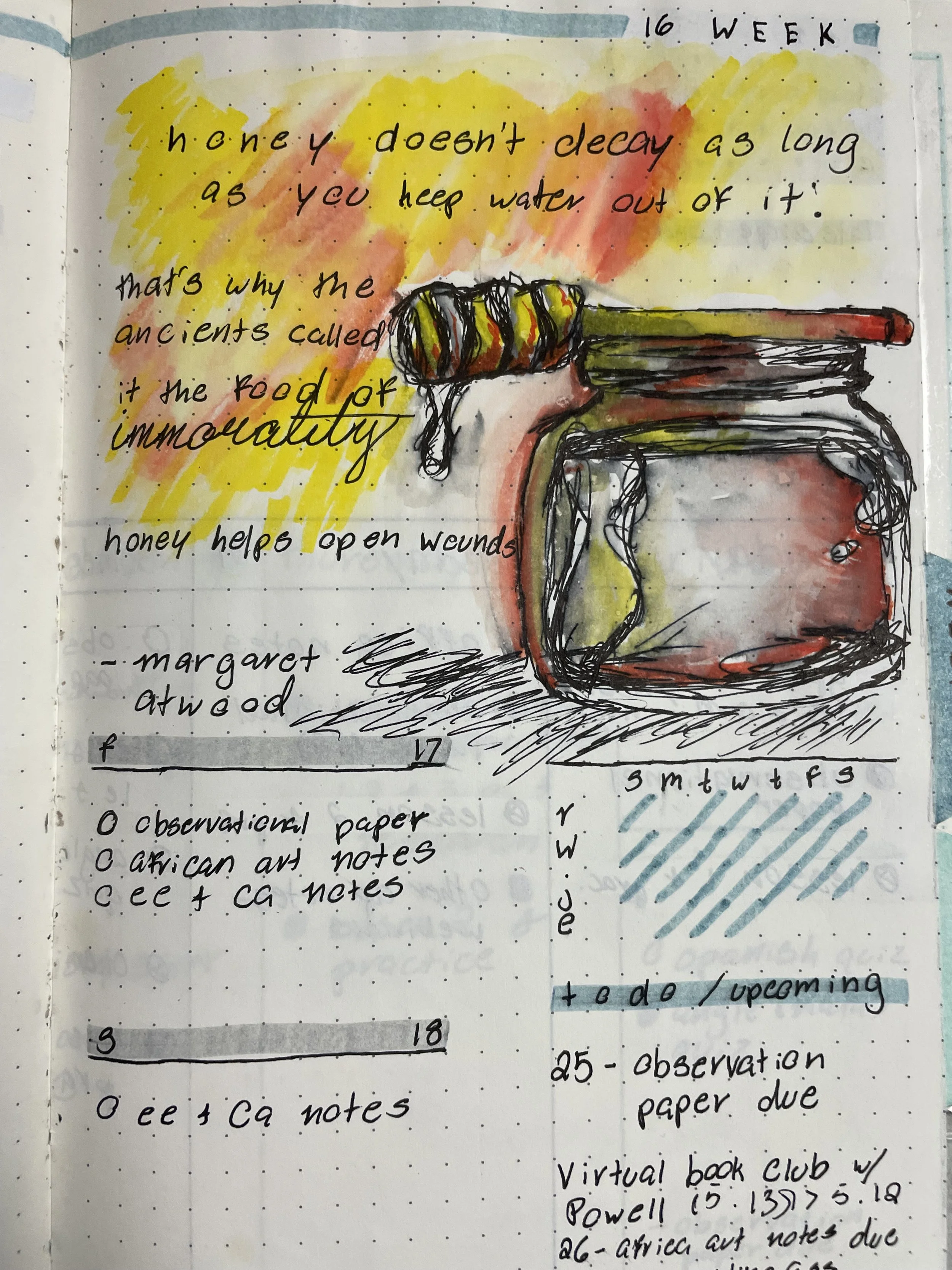 bullet journal entry | a weekly spread that uses the unattributed quote: "honey doesn't decay as long as you keep water out of it, that is why the ancients called in the food of immortality. honey helps open wounds." 
** forgive teen me for misattrib