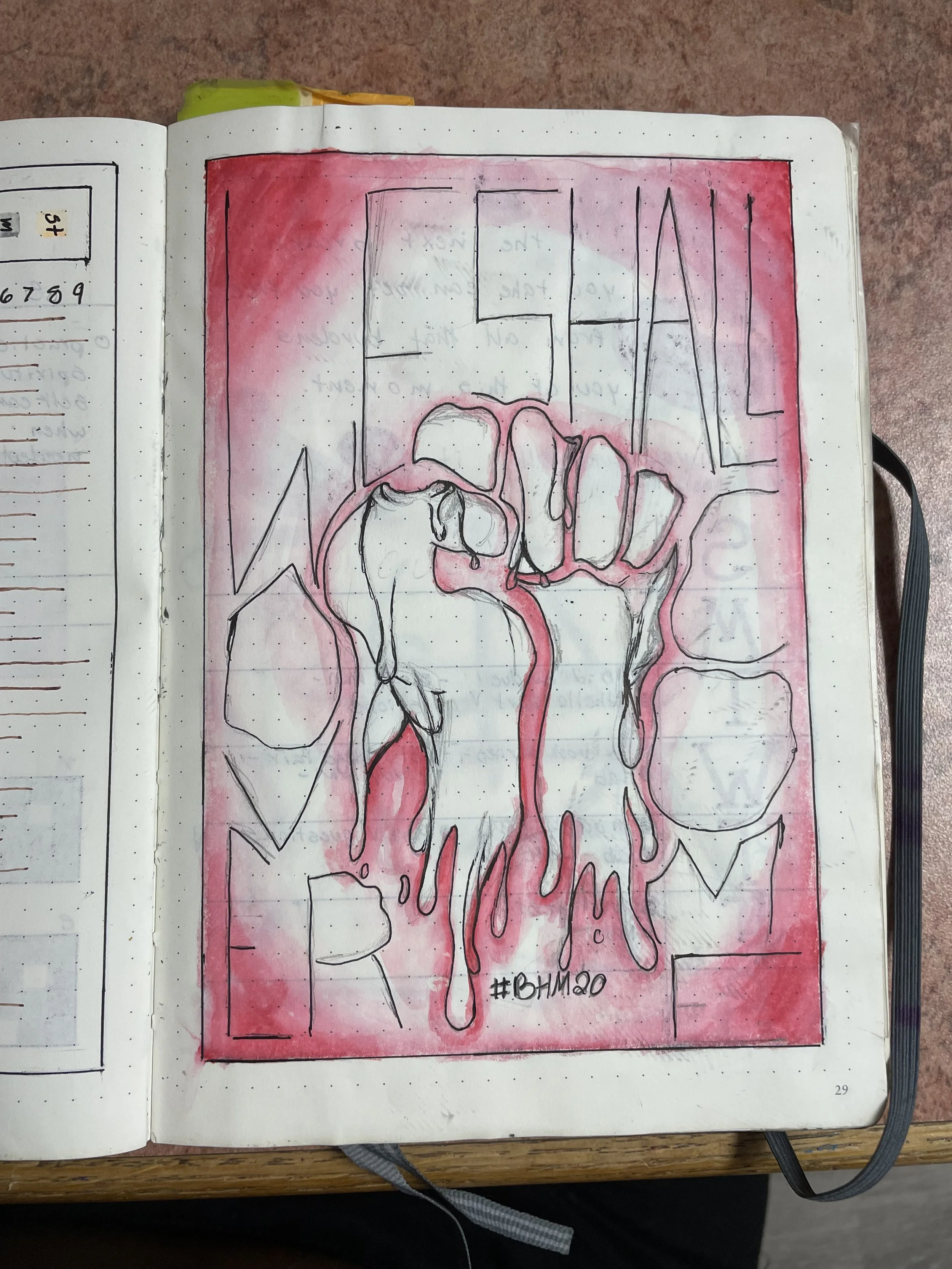 bullet journal, feb '2020 (pen, watercolor markers) | created during black history month, a year that proved to a pivotal point in our history highlighting a greater need for collective action towards liberation.